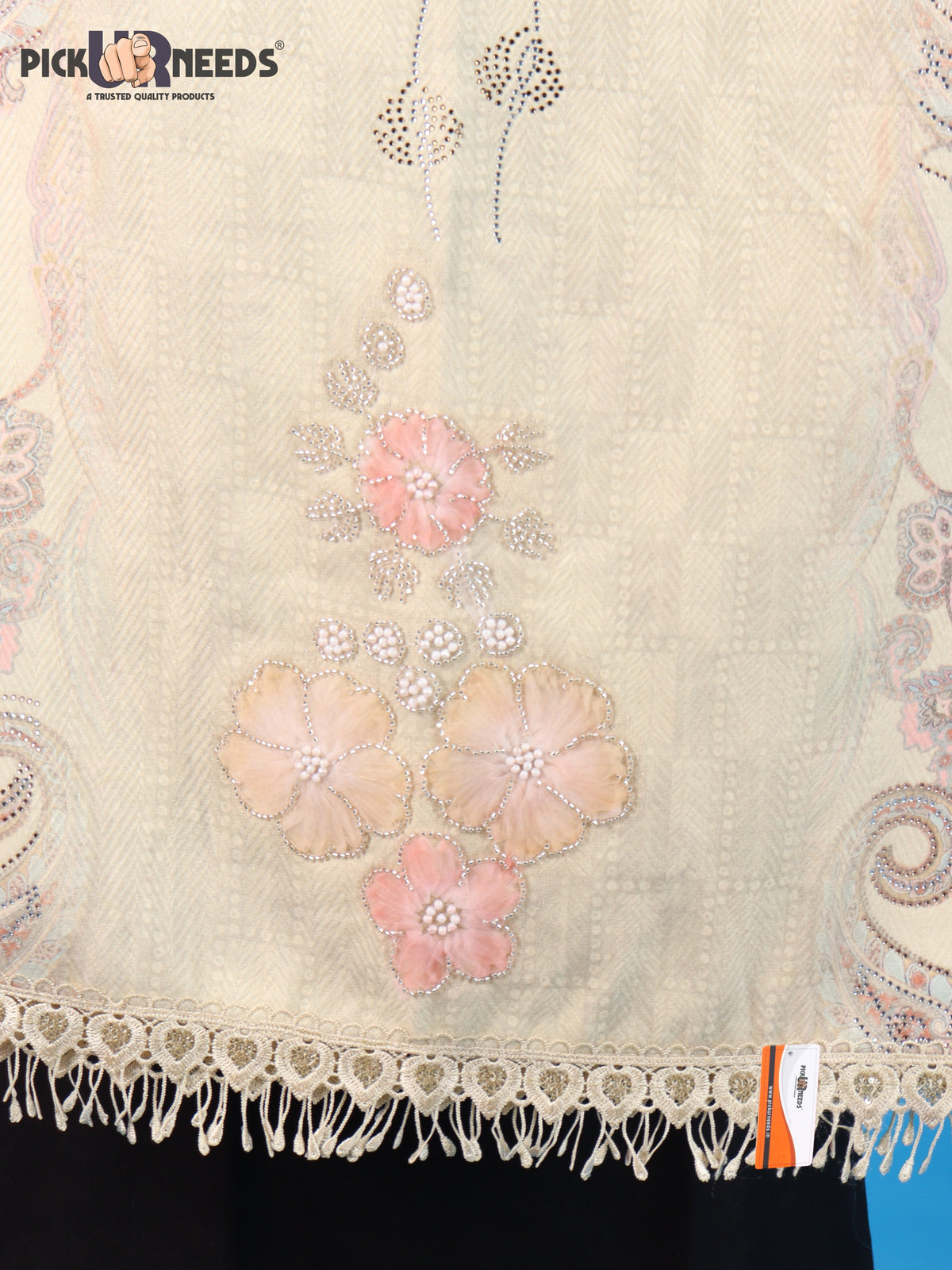 Pick Ur Needs Womens Designer Winter Elegant Floral Embellished Paisley Print Girls Shawl with Decorative Fringe Border