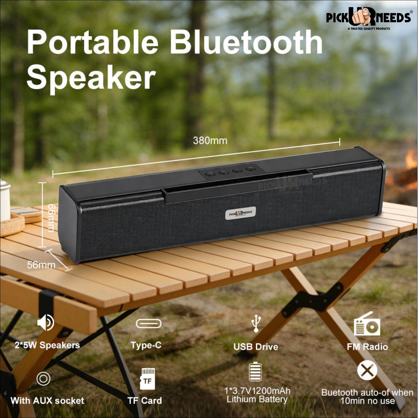 Pick Ur Needs Rechargeable Portable Bluetooth Wireless Soundbar Party Speaker 10W, Heavy Bass, TWS, 5H Playtime, Multi-Connectivity (USB/SD/FM/AUX)