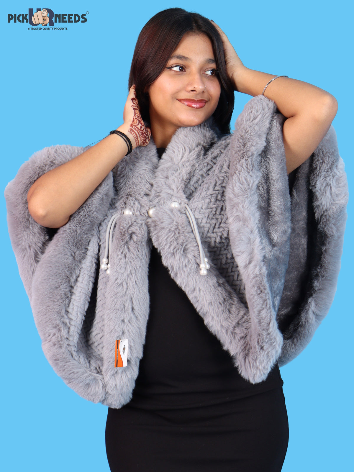 Pick Ur Needs Ladies Winter Shrug with Plush Fur Style Border & Pearl Bead Accents Textured Soft Fabric Open Front Cape Poncho with Wide Sleeves for Girls & Women