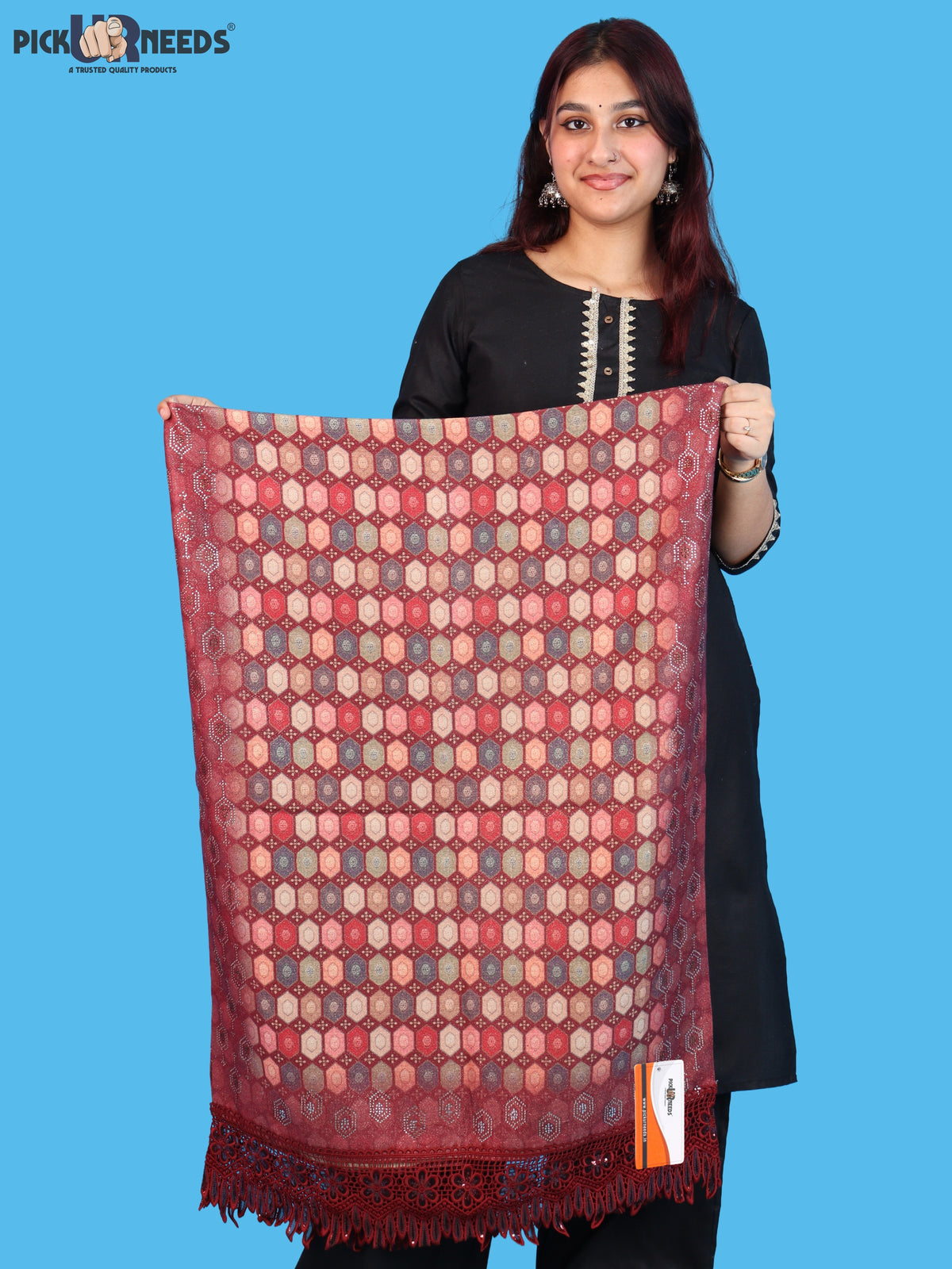 Pick Ur Needs Premium Stylish Womens & Girls Elegant Woolen Shawl Soft Warm Printed Stole with Lace Tassels