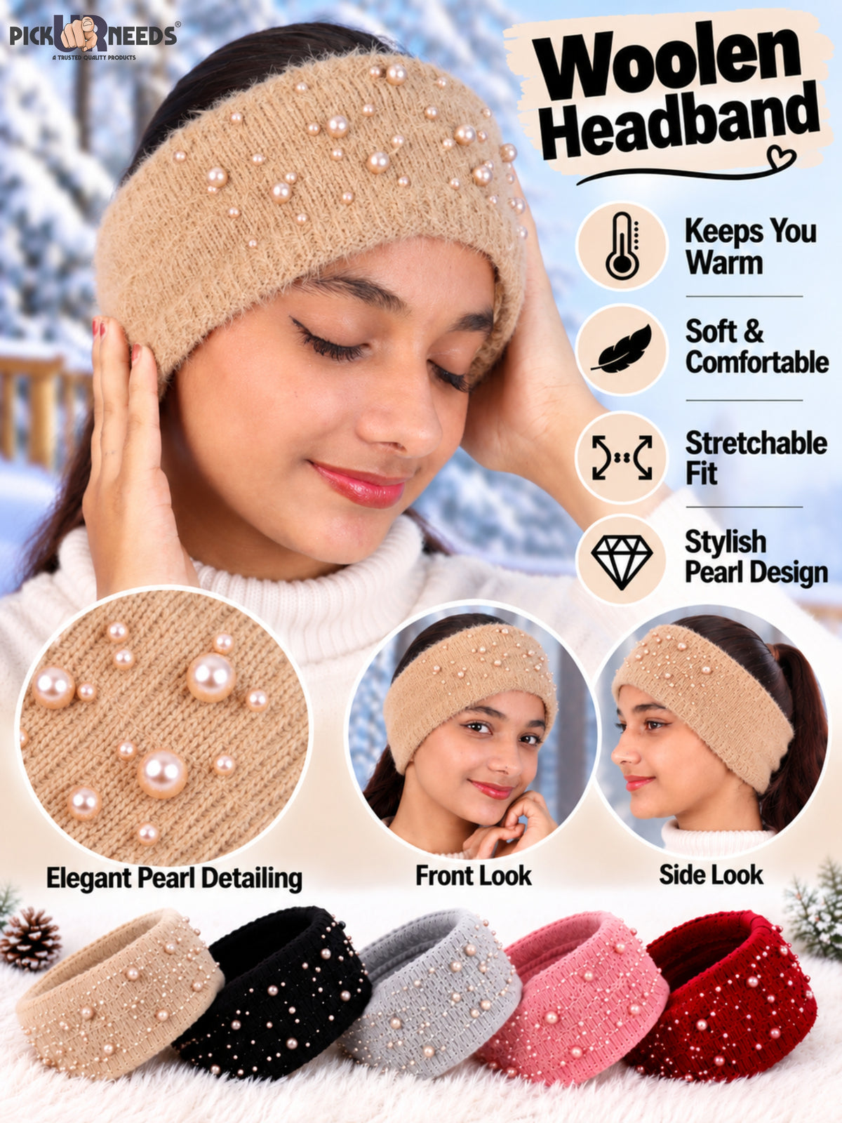 Pick Ur Needs Womens & Girls Soft Woolen Headband with Elegant Pearl Design Warm Stretchable Winter Ear Warmer Kanpatti.
