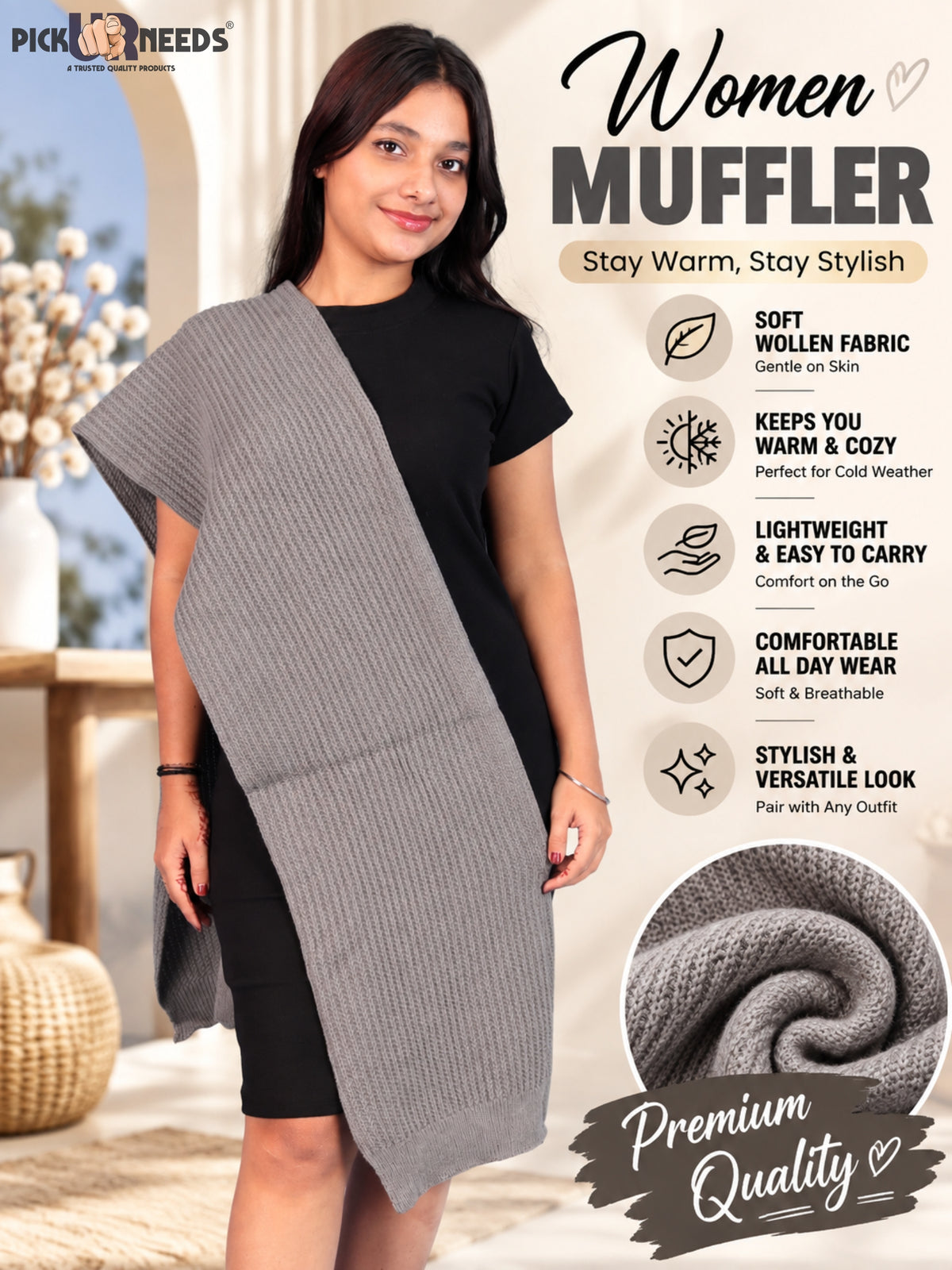 Pick Ur Needs Womens Stylish Knitted Muffler Scarf, Long Ribbed Knit Winter Neck Wrap, Soft Textured Cozy Scarf for Girls