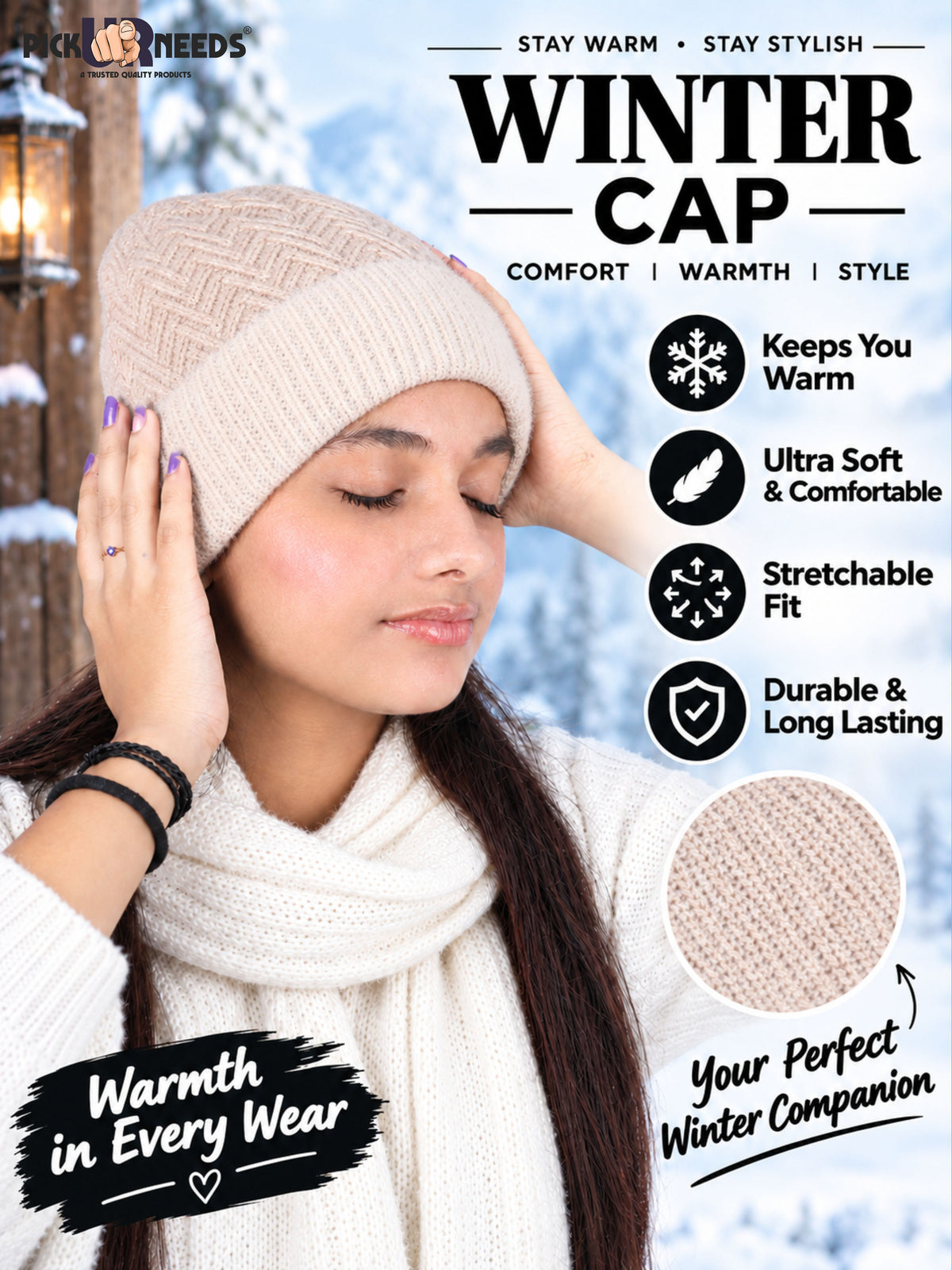 Pick Ur Needs Women & Girls Winter Beanie Cap Cozy & Soft Knitted Warm Hat with Stretchable Fit