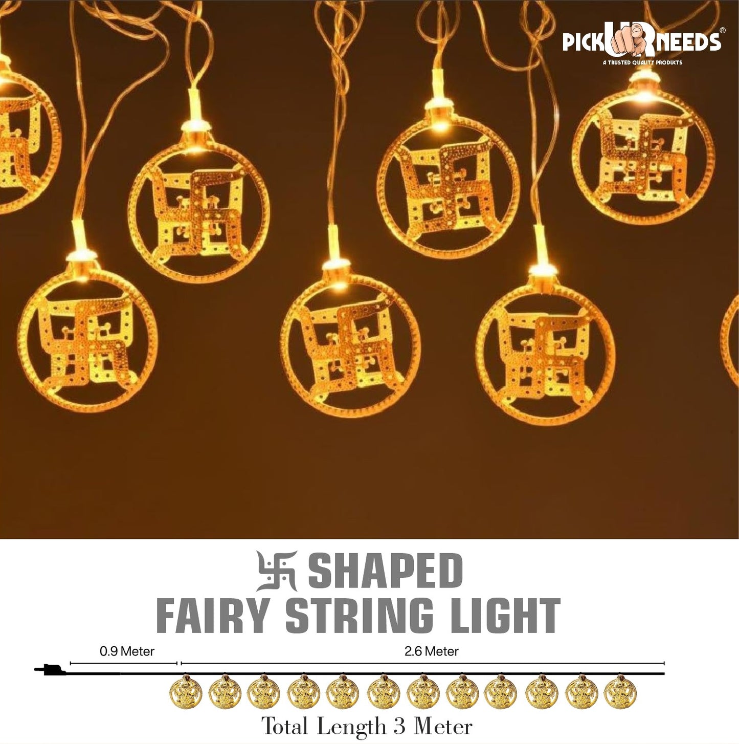 Pick Ur Needs Diwali String Lights Swastik Metal Hanging Lights, Warm White Round 3D Ceiling Lamp