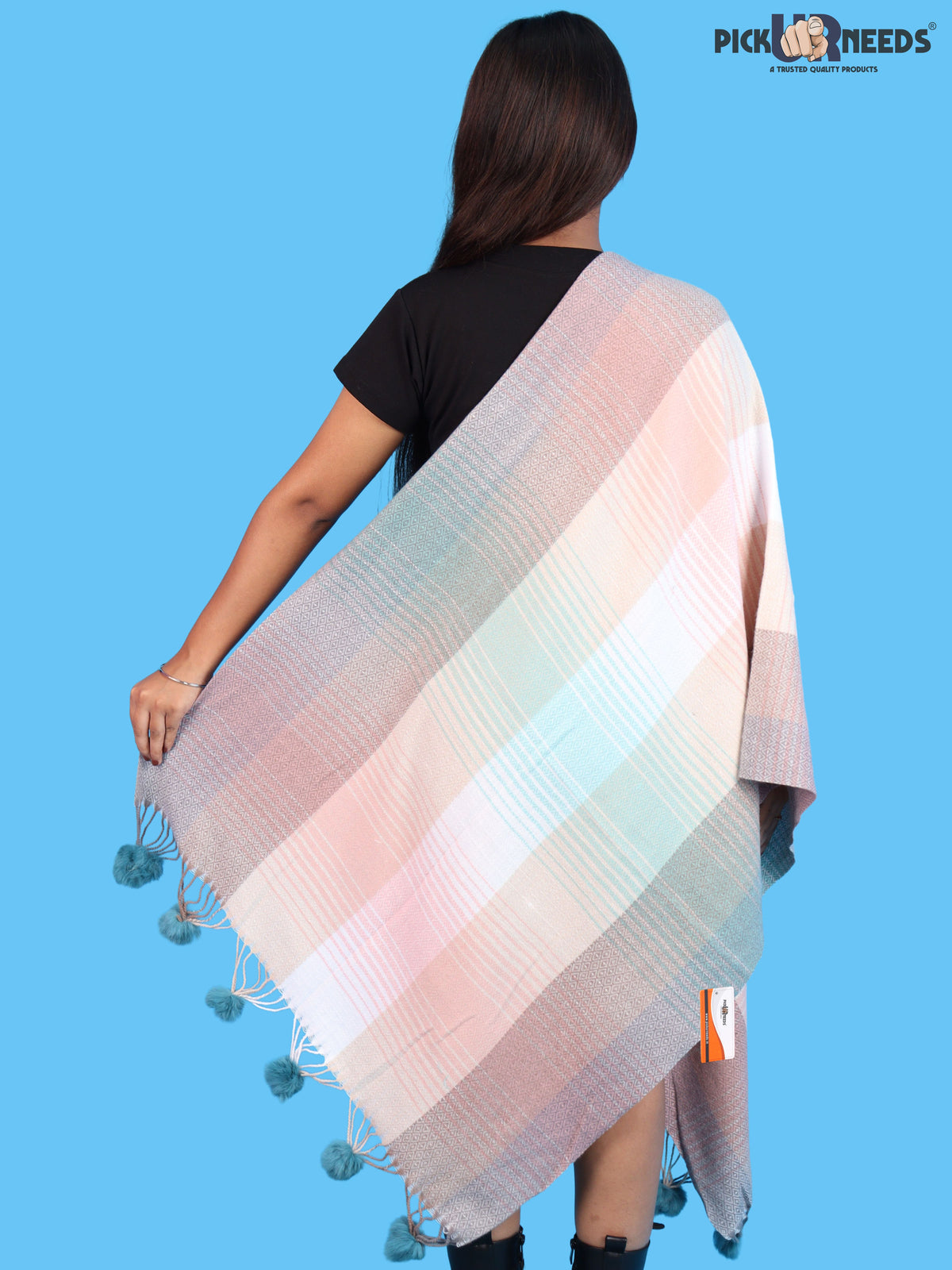 Pick Ur Needs Women & Girls Winter Shawl Soft Warm Striped Pattern Shawl with Tassel & Pom Pom Border Stylish Ladies Winter Wrap