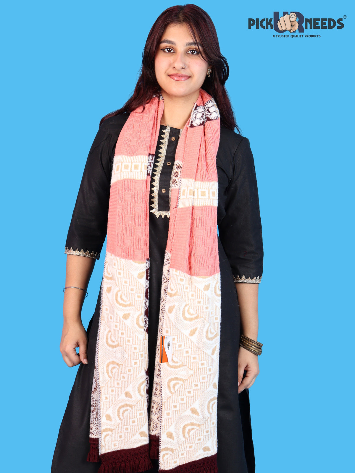 Pick Ur Needs Winter Girls & Womens Woolen Shawl, Soft Warm Printed Wrap with Elegant Pattern & Fringe Border