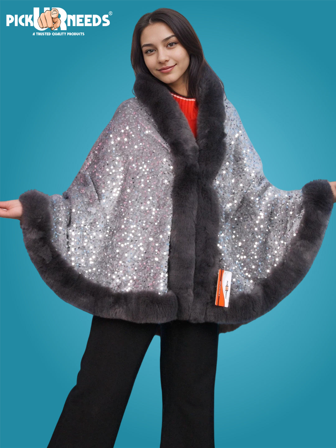 Visit the Pick Ur Needs Store Pick Ur Needs Luxury Sequin Faux Fur Shawl for Women Poncho & Winter Shrug Soft Warm Designer Wrap for Evening Parties
