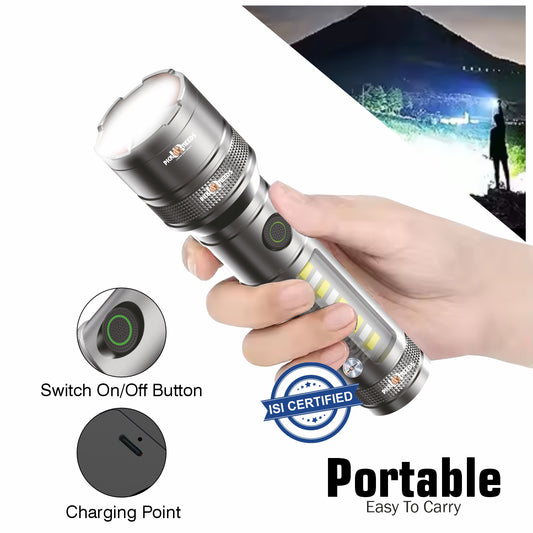 Pick Ur Needs 200W Rechargeable LED Flashlight with Zoom, Type-C Fast Charging, COB Side Light, Waterproof Torch for Camping,Hiking,Outdoor & Emergency Use