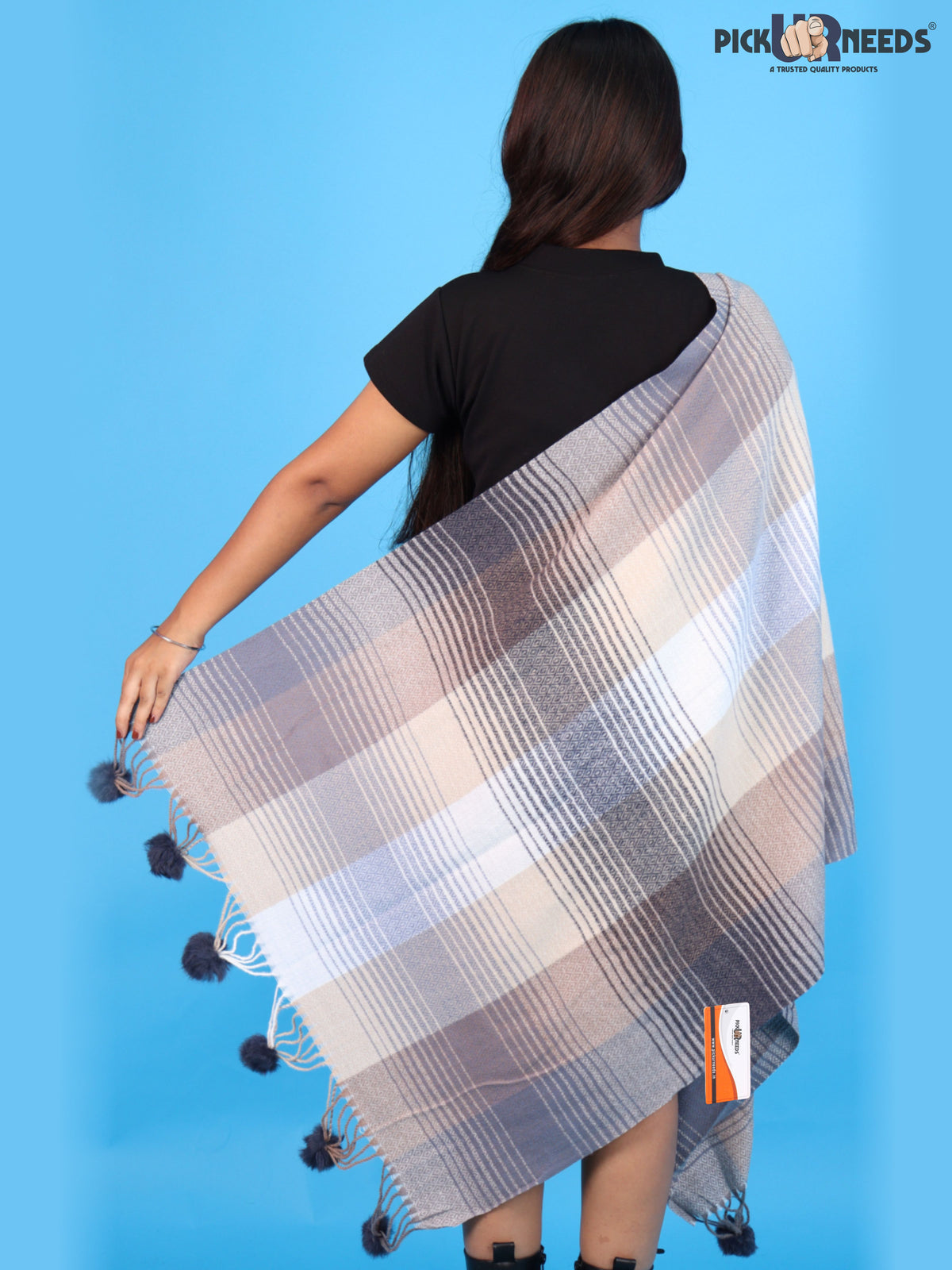 Pick Ur Needs Women & Girls Winter Shawl Soft Warm Striped Pattern Shawl with Tassel & Pom Pom Border Stylish Ladies Winter Wrap