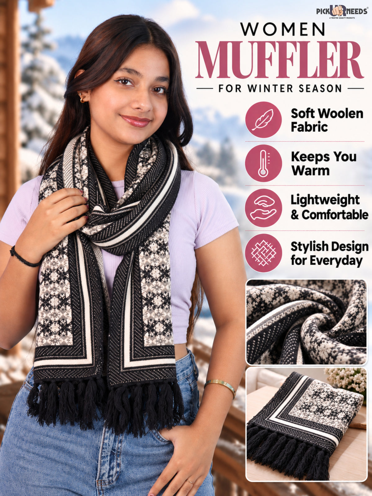 Pick Ur Needs Womens & Girls Super Soft Knitted Woolen Muffler Warm Winter Neck Scarf with Elegant Printed Design & Tassels
