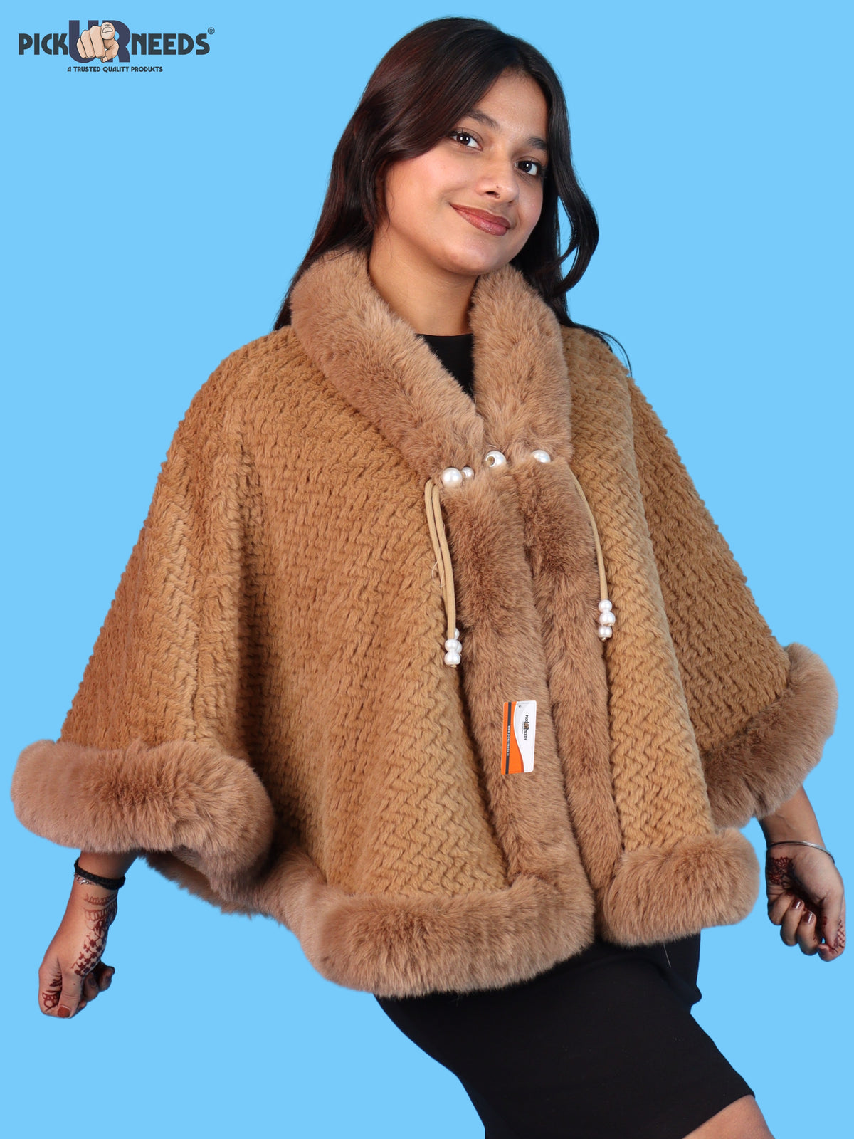 Pick Ur Needs Ladies Winter Shrug with Plush Fur Style Border & Pearl Bead Accents Textured Soft Fabric Open Front Cape Poncho with Wide Sleeves for Girls & Women