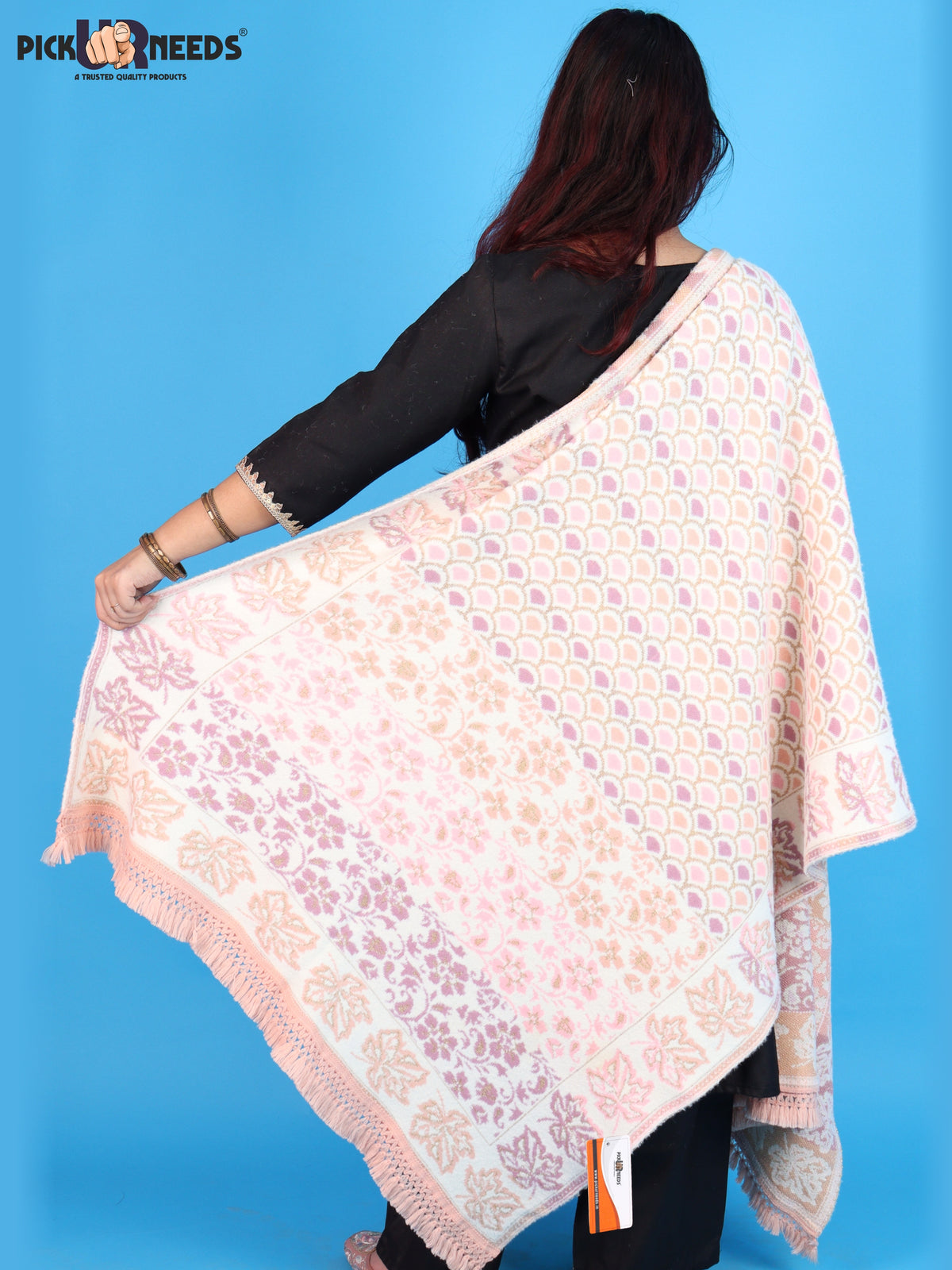 Pick Ur Needs Womens & Girls Winter Premium Shawl Floral Patterned Wool Blend Wrap with Decorative Border & Fringe Finish