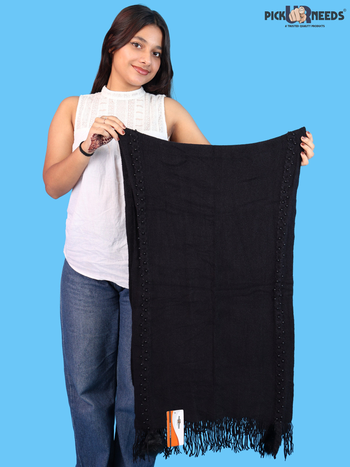 Pick Ur Needs Women & Girls Elegant Woolen Shawl with Beaded Border & Fringed Ends, Soft Warm Lightweight Winter Wrap Stole