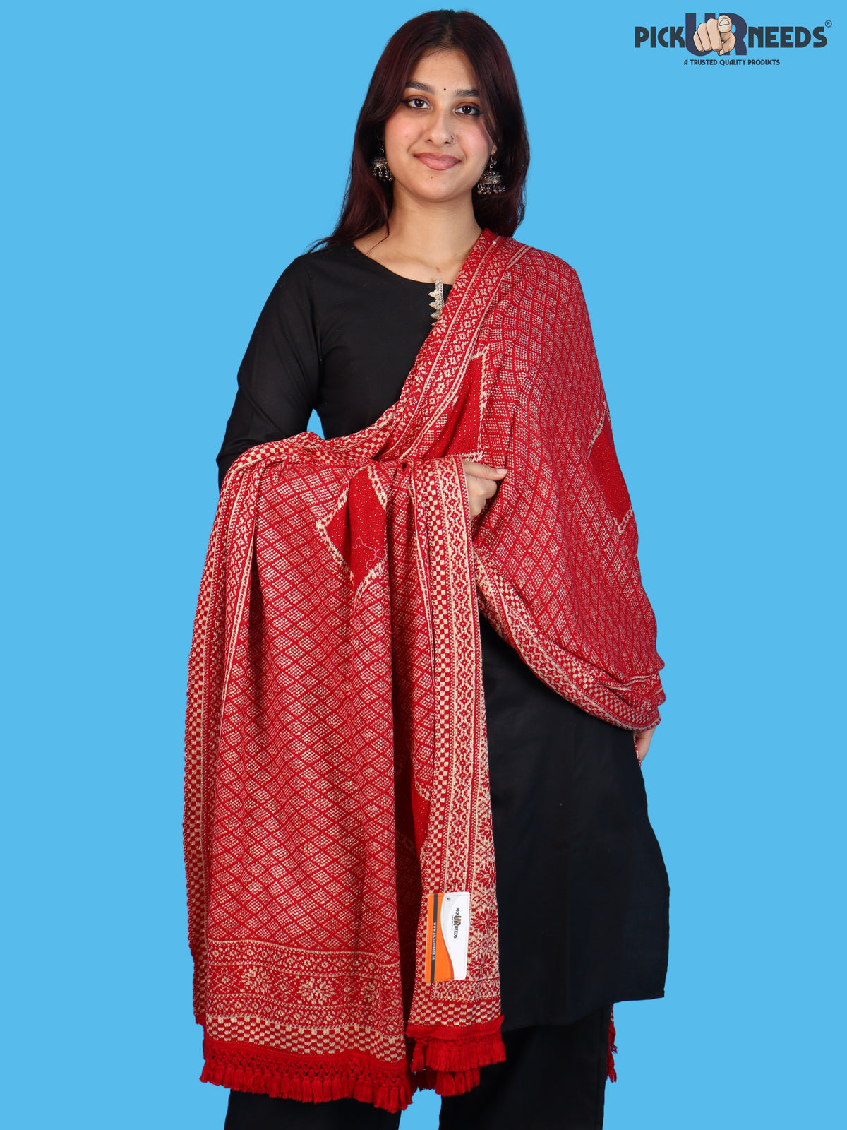 Pick Ur Needs Women & Girls Designer Shawl Stole with Elegant Woven Floral & Geometric Pattern, Soft Warm Winter Wrap with Fringed Border, Stylish Shoulder Scarf for Ladies
