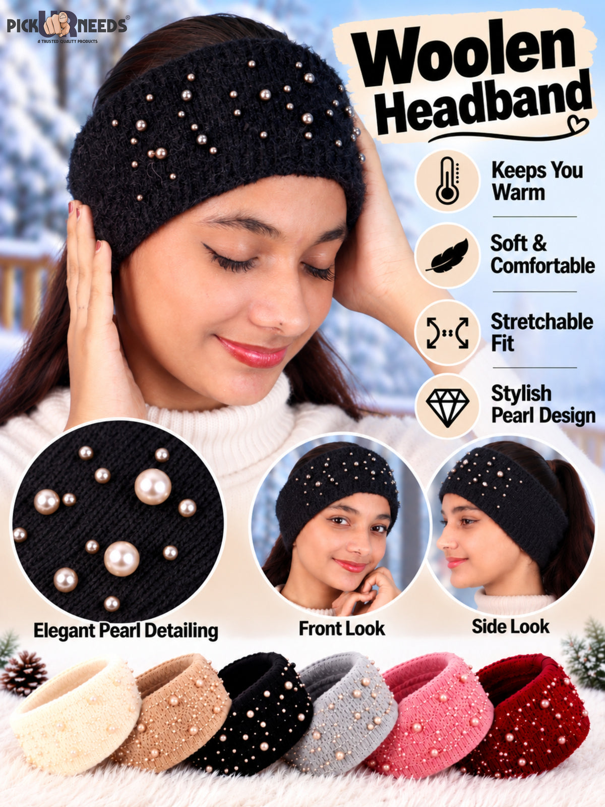 Pick Ur Needs Womens & Girls Soft Woolen Headband with Elegant Pearl Design Warm Stretchable Winter Ear Warmer Kanpatti.