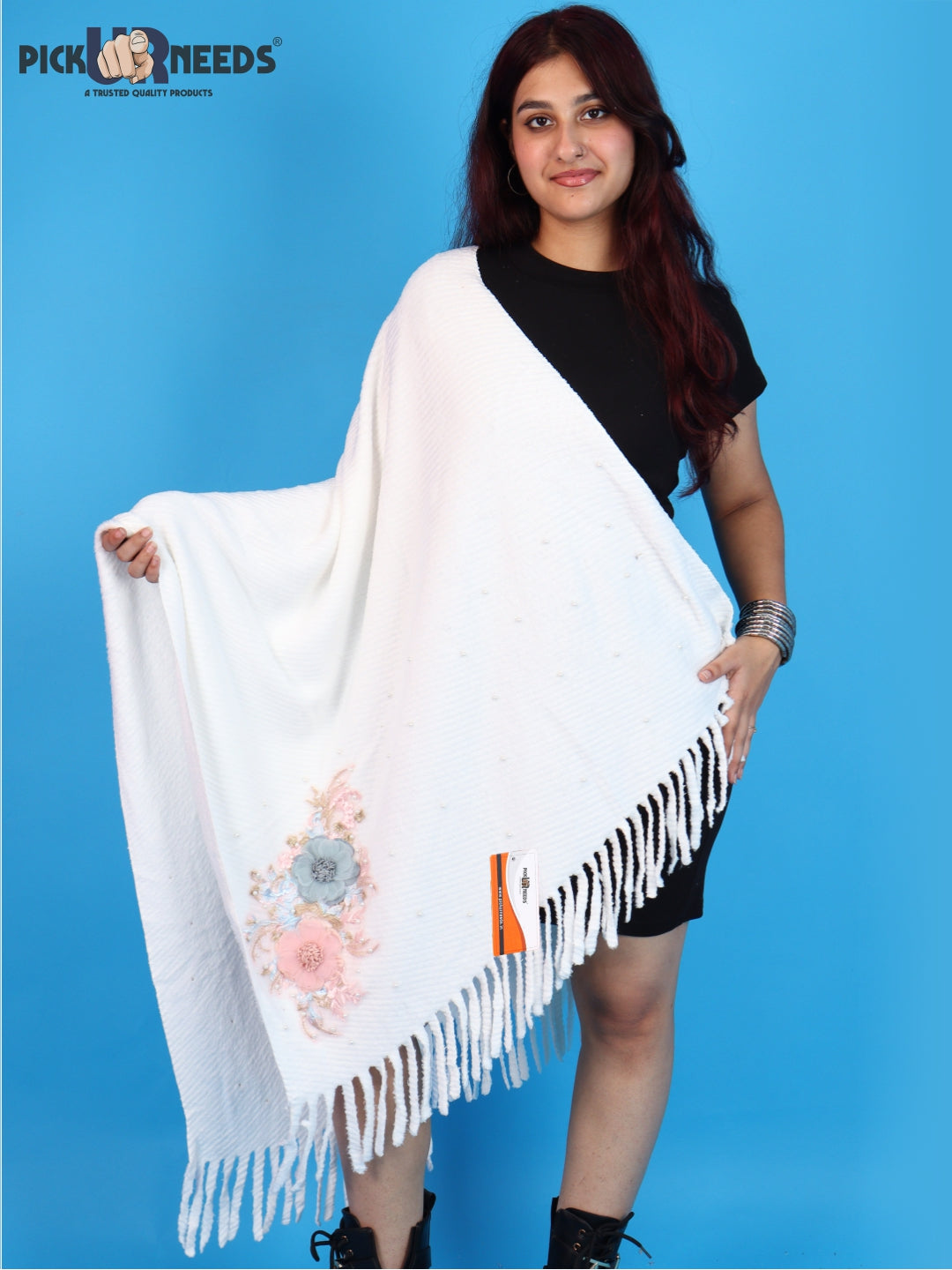 Pick Ur Needs Premium Floral Embroidered Winter Shawl Stole Soft Warm Wrap with Pearl Embellishments & Fringed Border For Girls & Womens