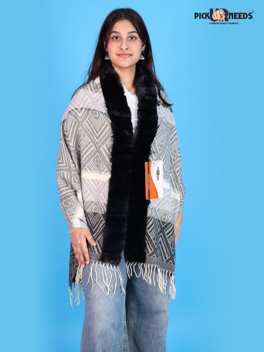 Pick Ur Needs Elegant Winter Soft & Warm Woolen Shawl with Faux Fur Border Multi Color Pattern Scarf