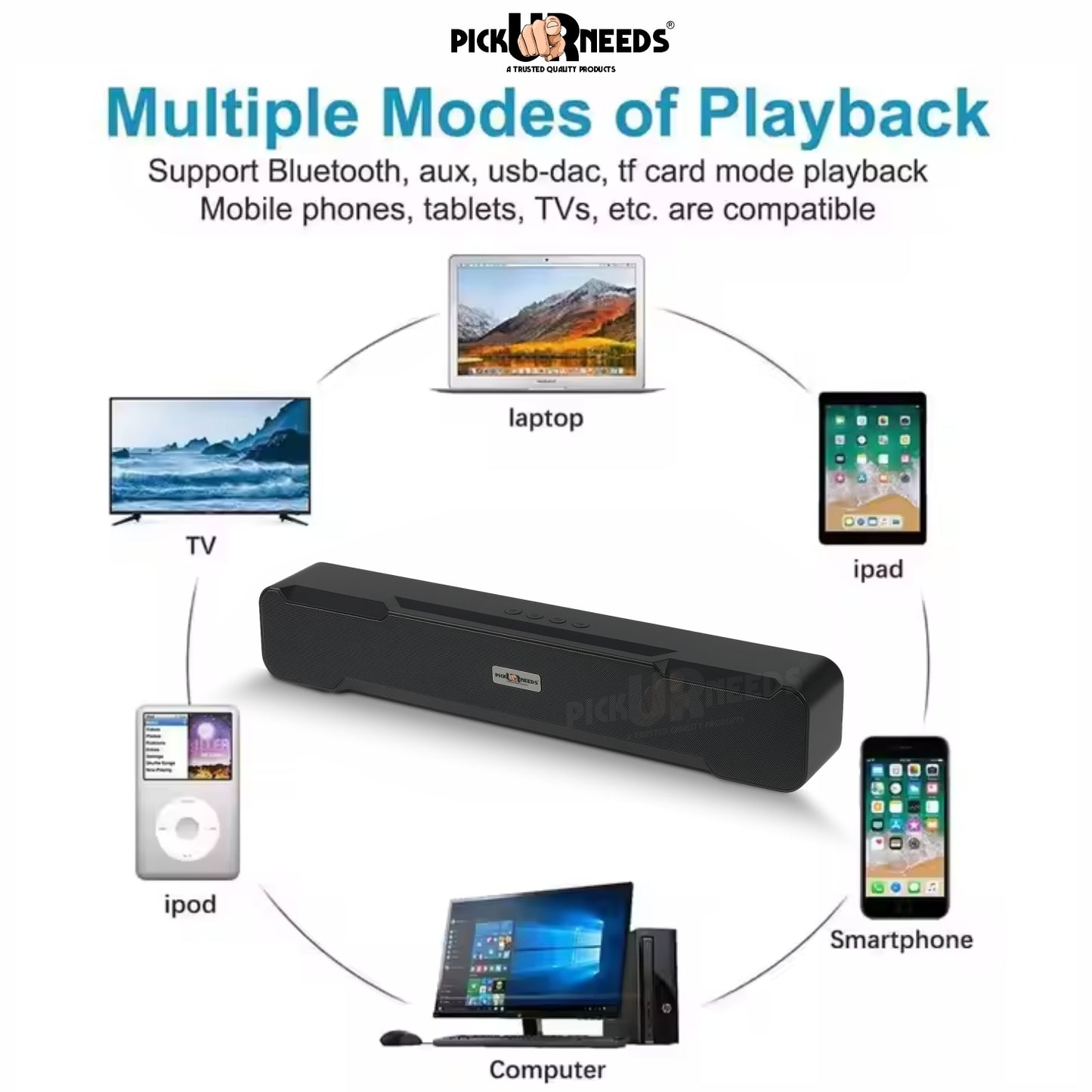 Pick Ur Needs Portable Bluetooth Wireless Soundbar Party Speaker 10W, Heavy Bass, TWS, 5H Playtime, Multi-Connectivity (USB/SD/FM/AUX)