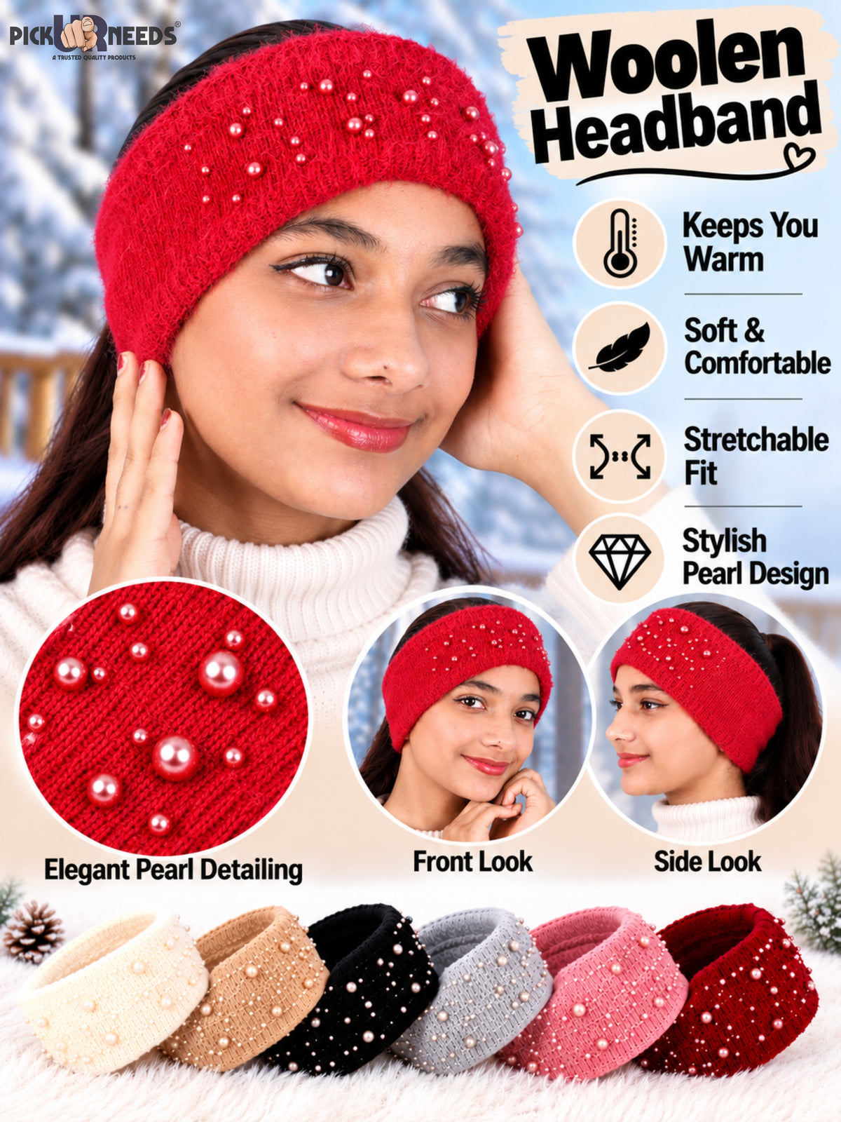 Pick Ur Needs Womens & Girls Soft Woolen Headband with Elegant Pearl Design Warm Stretchable Winter Ear Warmer Kanpatti.