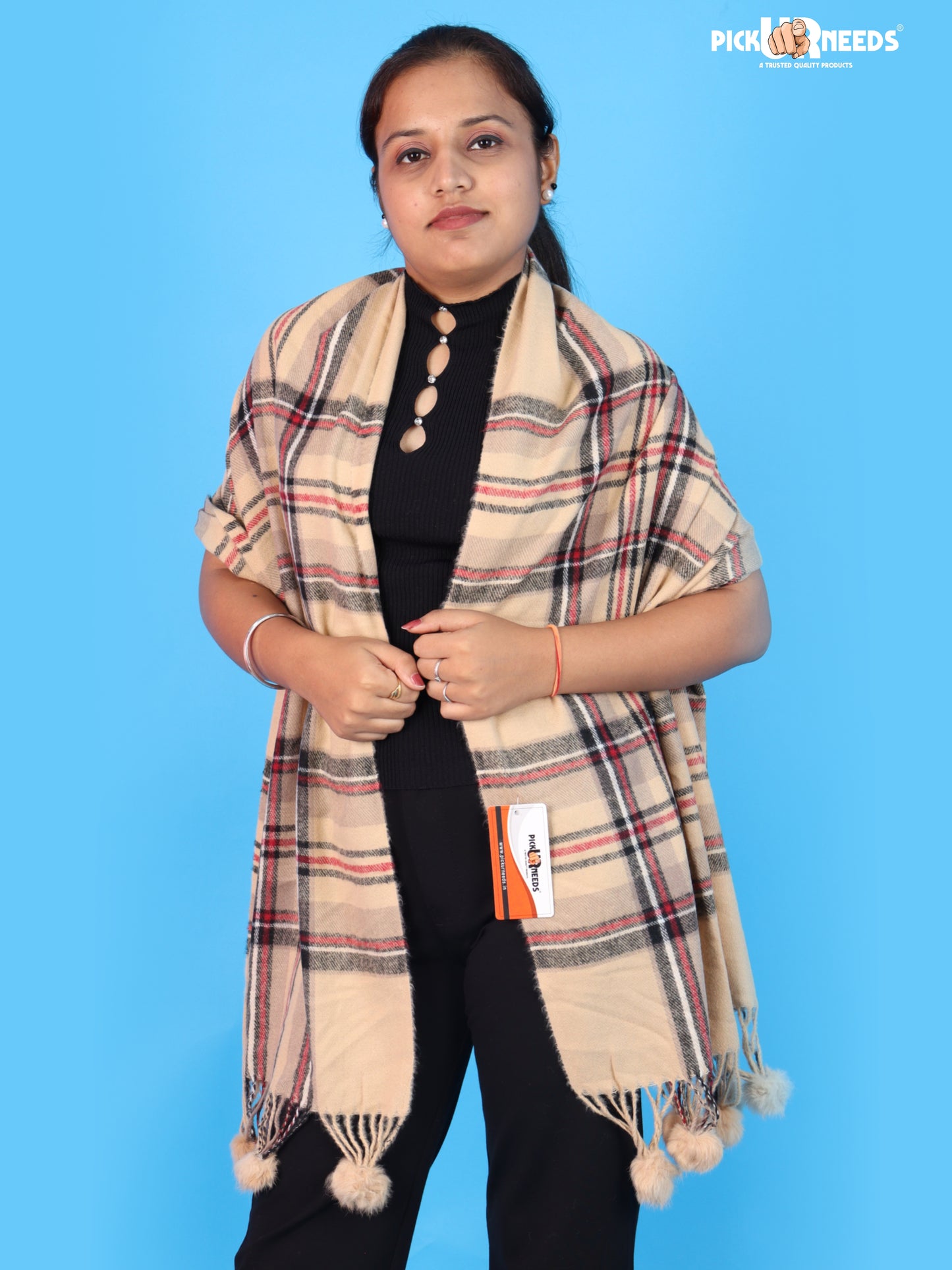 Pick Ur Needs Premium Womens Fashion Stole with Contemporary Check Weave, Decorative Fur Pom Tassels & Multi-Style Winter Wrap Shawl