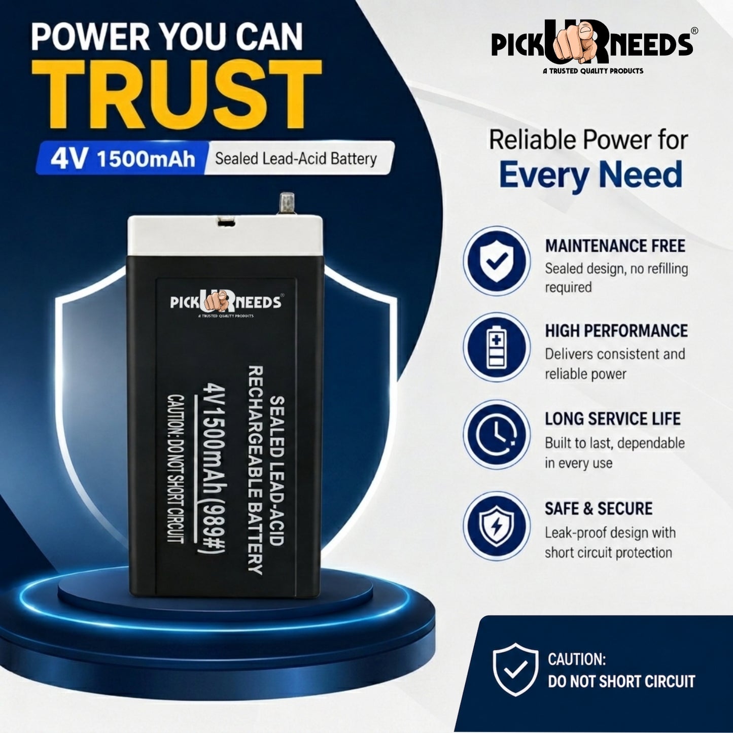 Pick Ur Needs 4V 1500mAh Rechargeable Lead Acid Battery for Emergency & Security Use 4 hrs Lantern Emergency Light (Black)