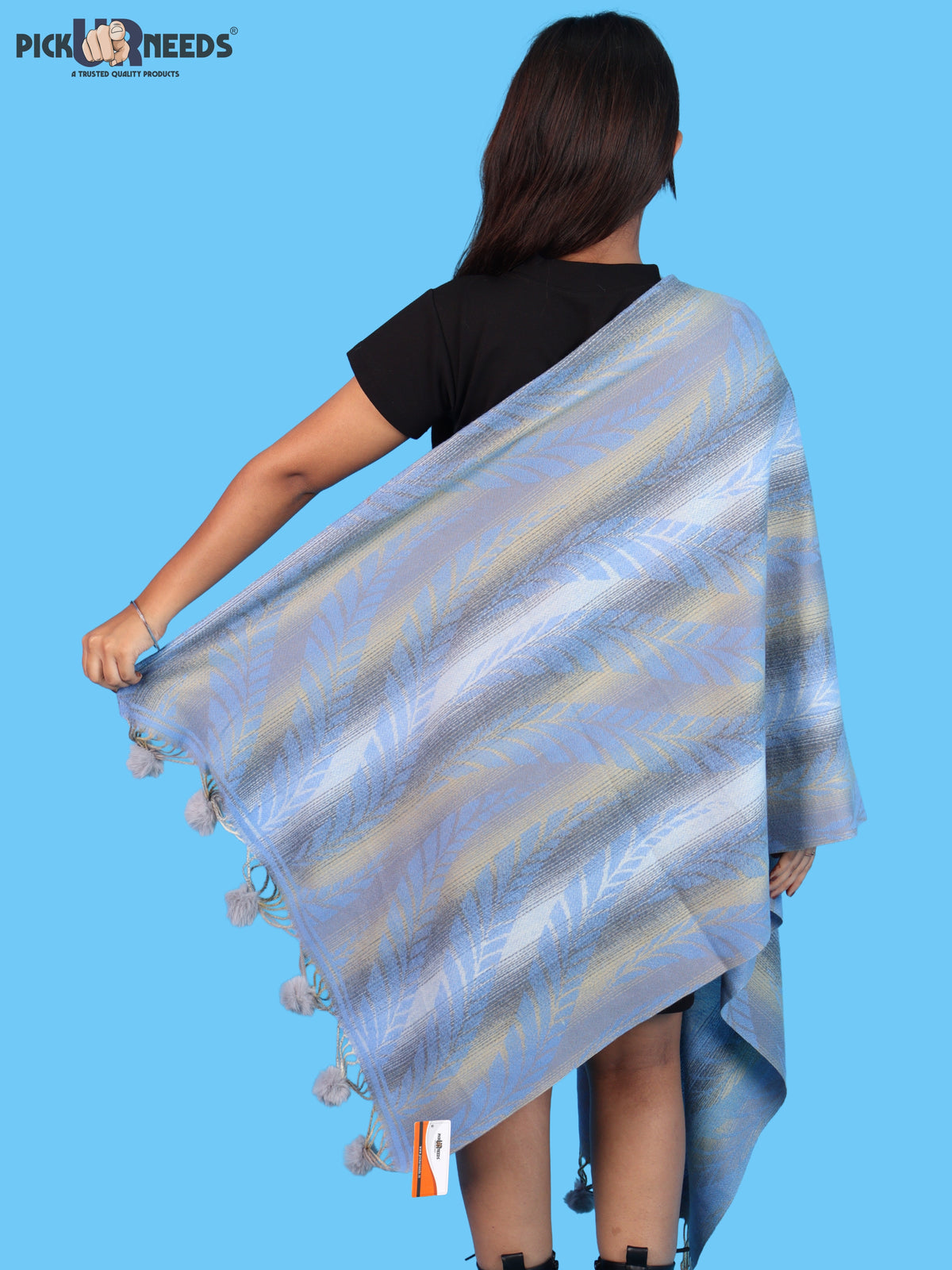Pick Ur Needs Womens Designer Woolen Shawl & Stole with Elegant Leaf Pattern and Pom Pom Tassels, Winter Soft Warm Lightweight Winter Wrap