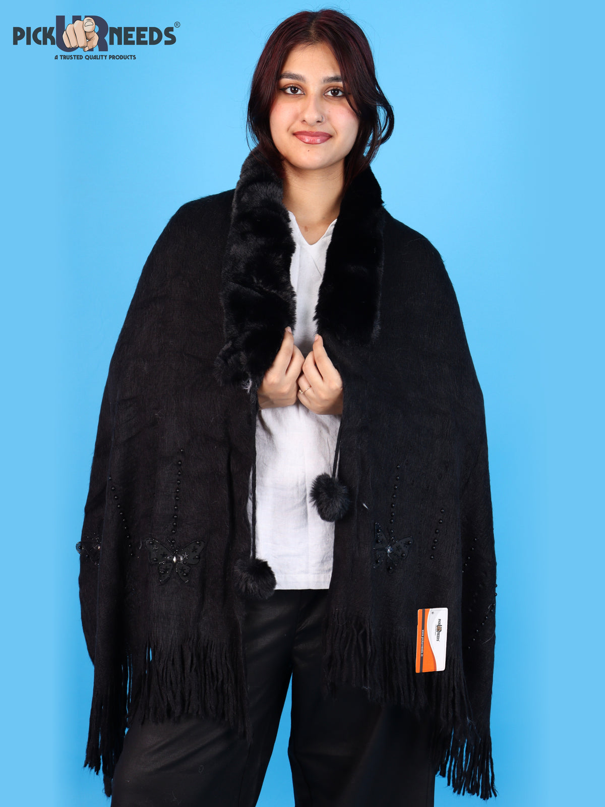 Pick Ur Needs Womens Faux Fur Collar Shrug with Pom Pom Tie Shawl Elegant Fringed Winter Wrap for Women & Girls