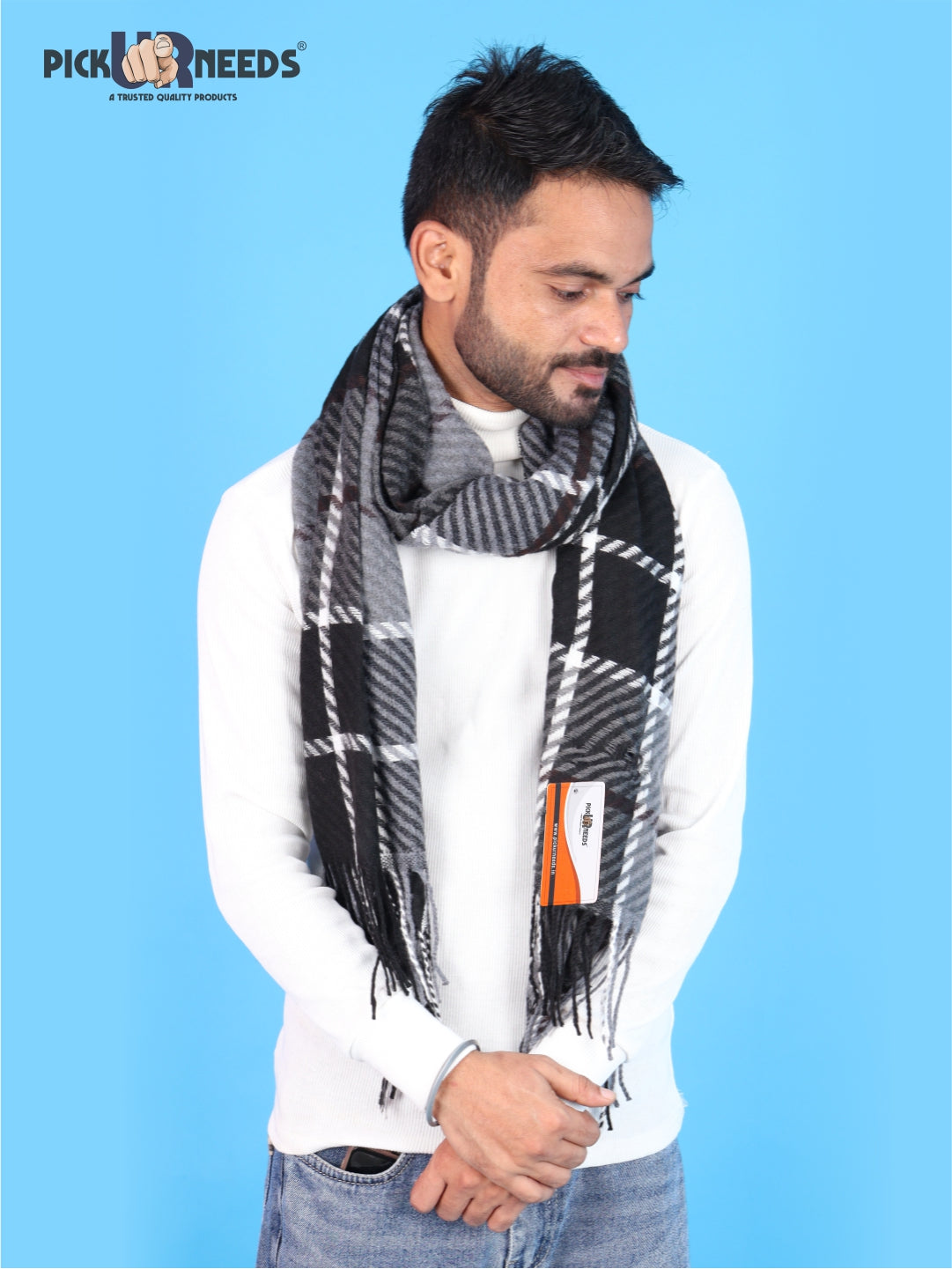 Pick Ur Needs Premium Winter Shawl & Muffler for Men & Boys | Soft Warm Checkered Pattern Woolen Style Stole Stylish Long Scarf with Fringed Ends Comfortable Neck Wrap for Winter Wear