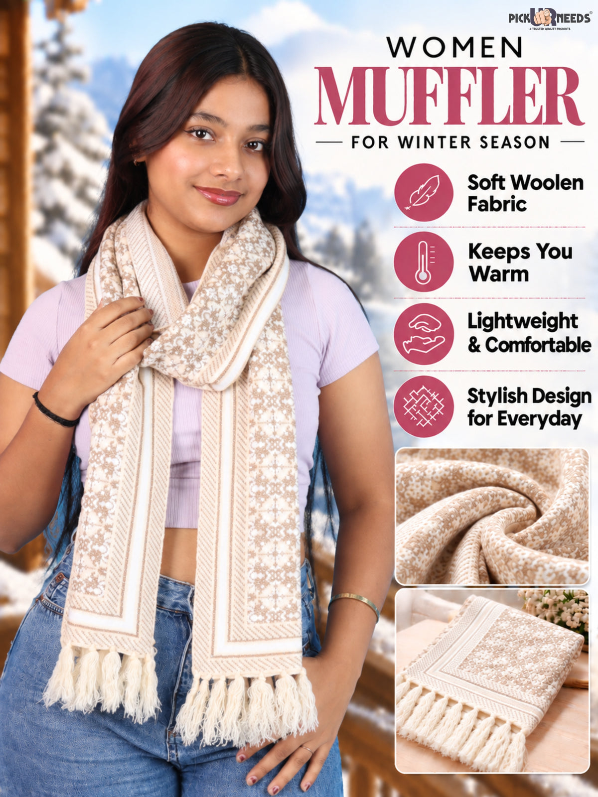 Pick Ur Needs Womens & Girls Super Soft Knitted Woolen Muffler Warm Winter Neck Scarf with Elegant Printed Design & Tassels