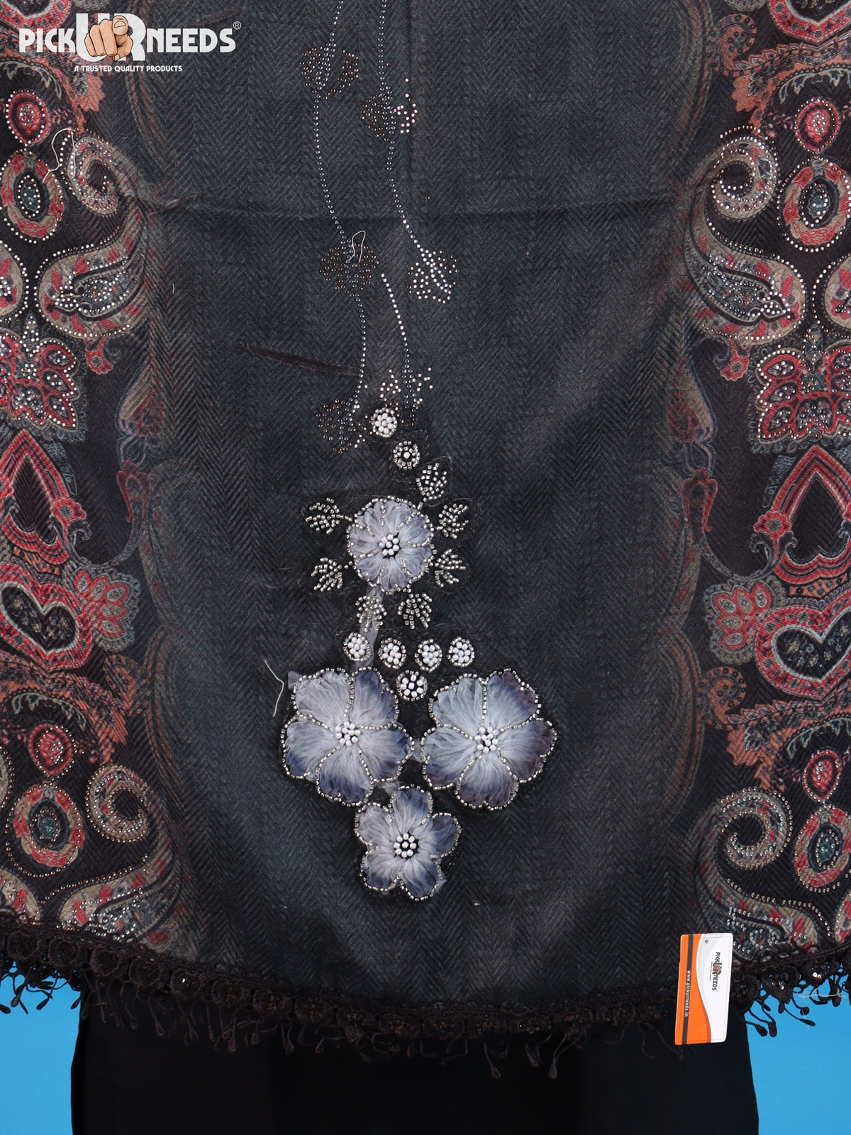 Pick Ur Needs Womens Designer Winter Elegant Floral Embellished Paisley Print Girls Shawl with Decorative Fringe Border