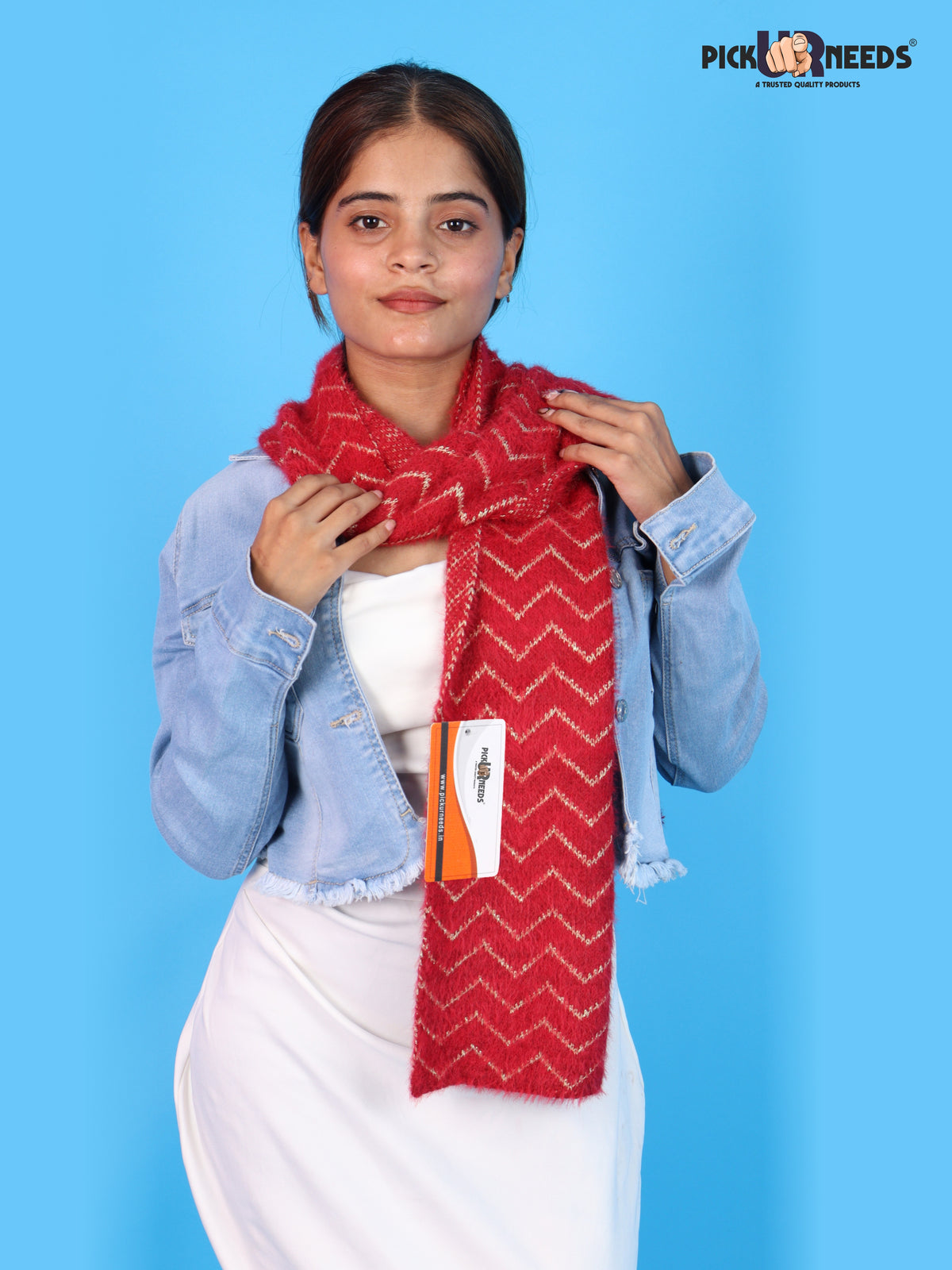 Pick Ur Needs Premium Woolen Winter Muffler with Gold Zigzag Pattern | Soft, Warm & Stylish Scarf for Women