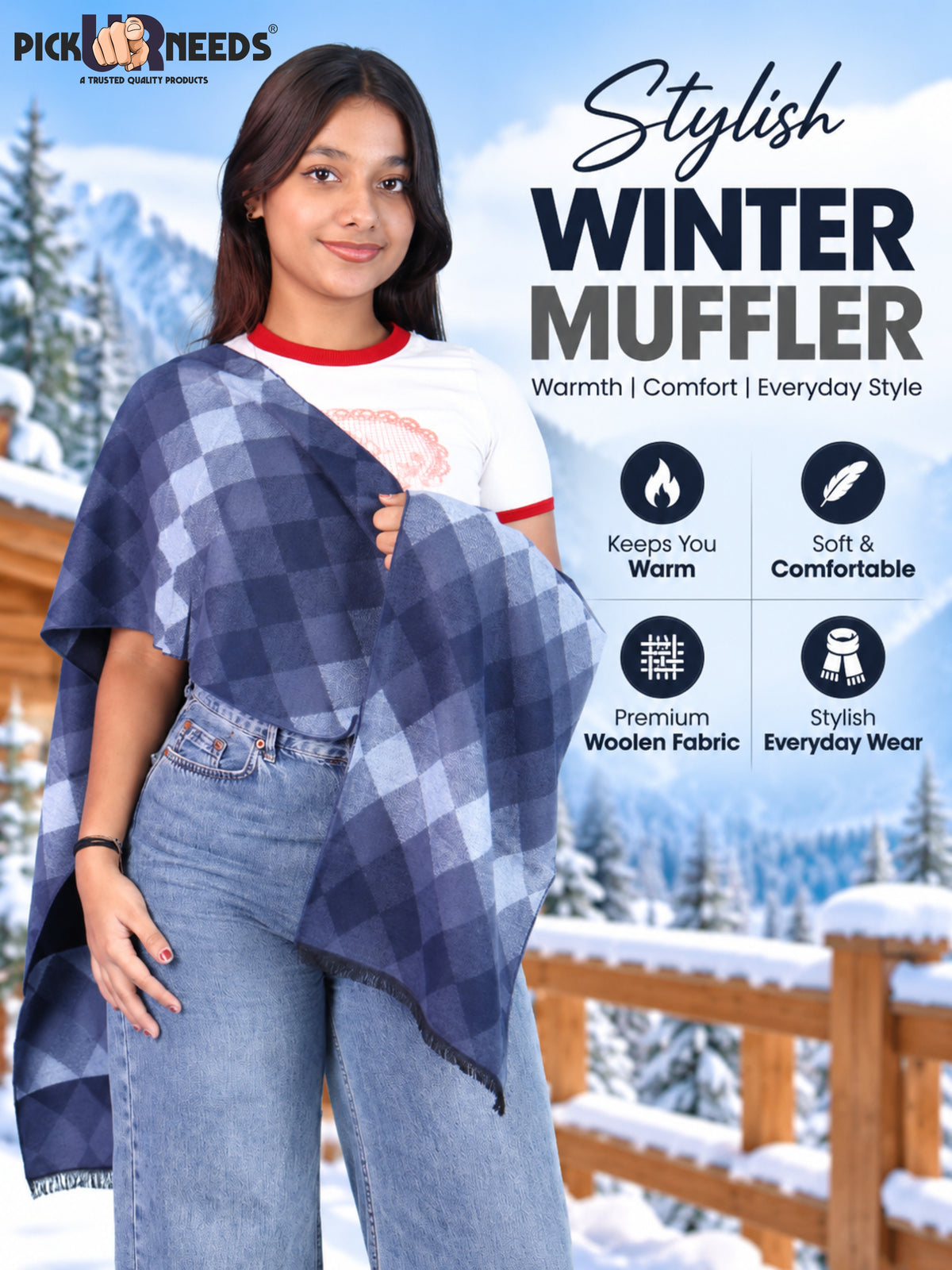 Pick Ur Needs Women & Girls Soft Woolen Checkered Muffler Warm Winter Neck Scarf with Stylish Checked Pattern