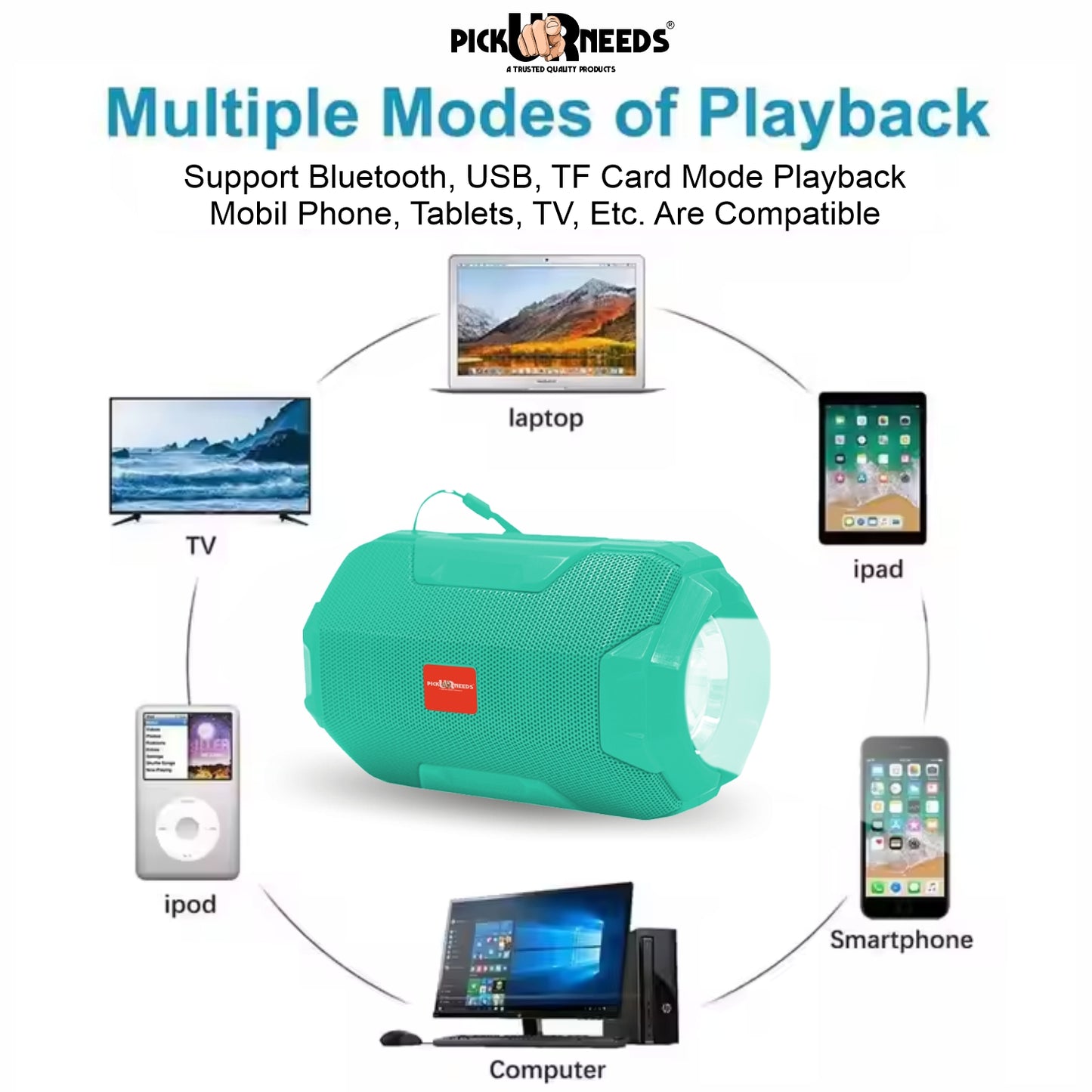 Pick Ur Needs 10W Rechargeable Wireless Bluetooth Speaker with Torch Light | 1200mAh Battery | Bluetooth 5.0 | FM Radio | USB/TF Card | AUX | TWS | Portable Outdoor Speaker