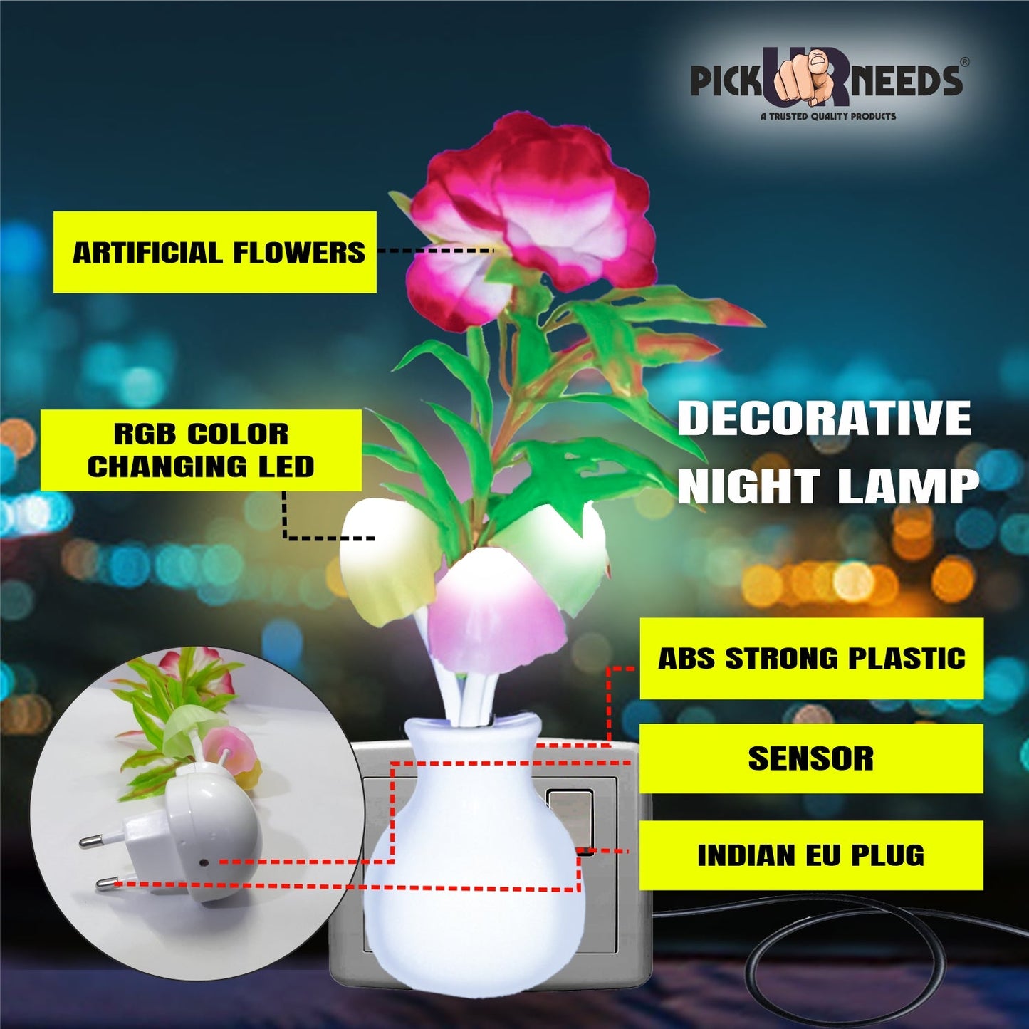 Pick Ur Needs Auto On/Off Color Changing Sensor LED Night Light Mushroom Lamp Plu