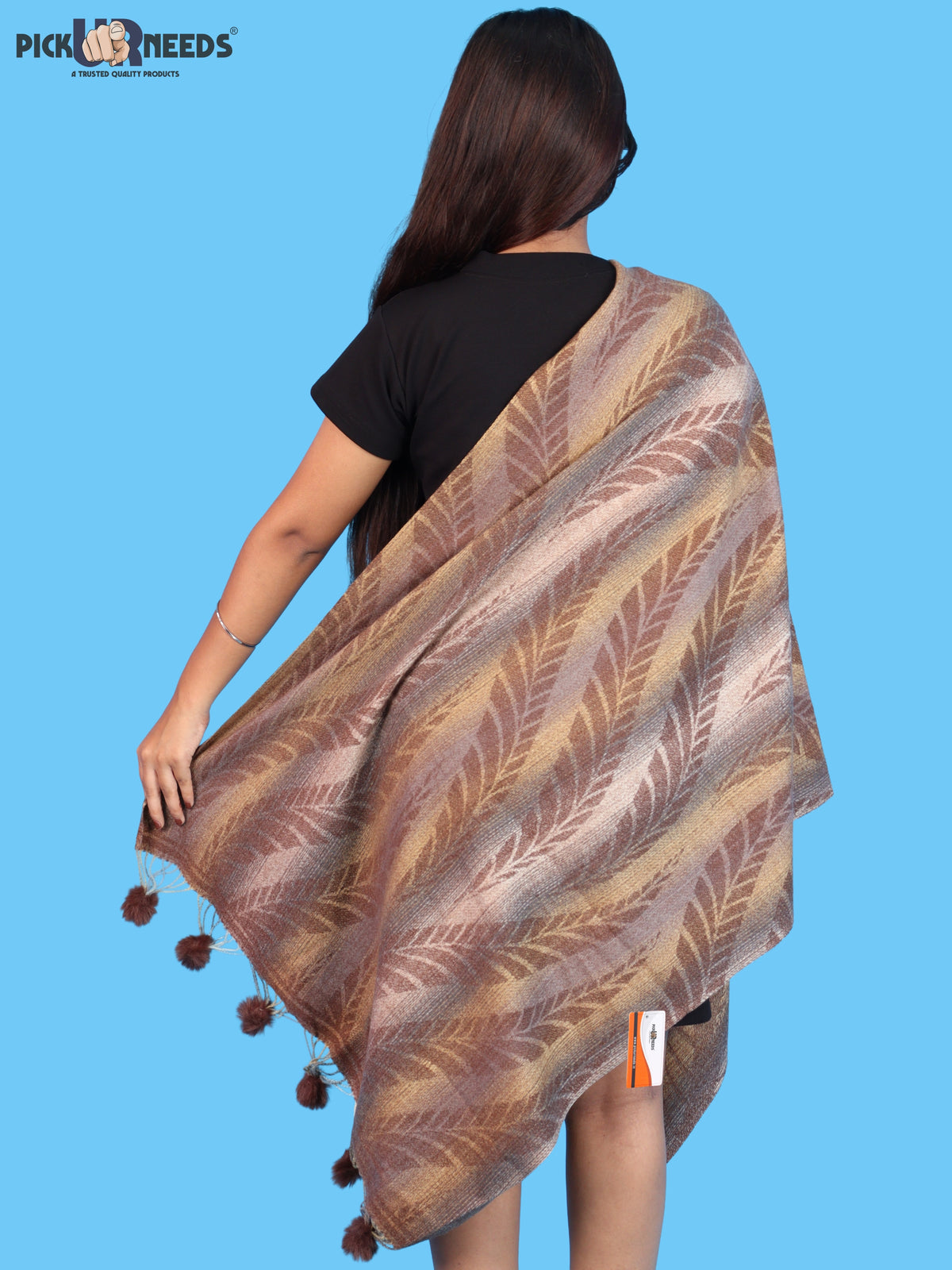 Pick Ur Needs Womens Designer Woolen Shawl & Stole with Elegant Leaf Pattern and Pom Pom Tassels, Winter Soft Warm Lightweight Winter Wrap
