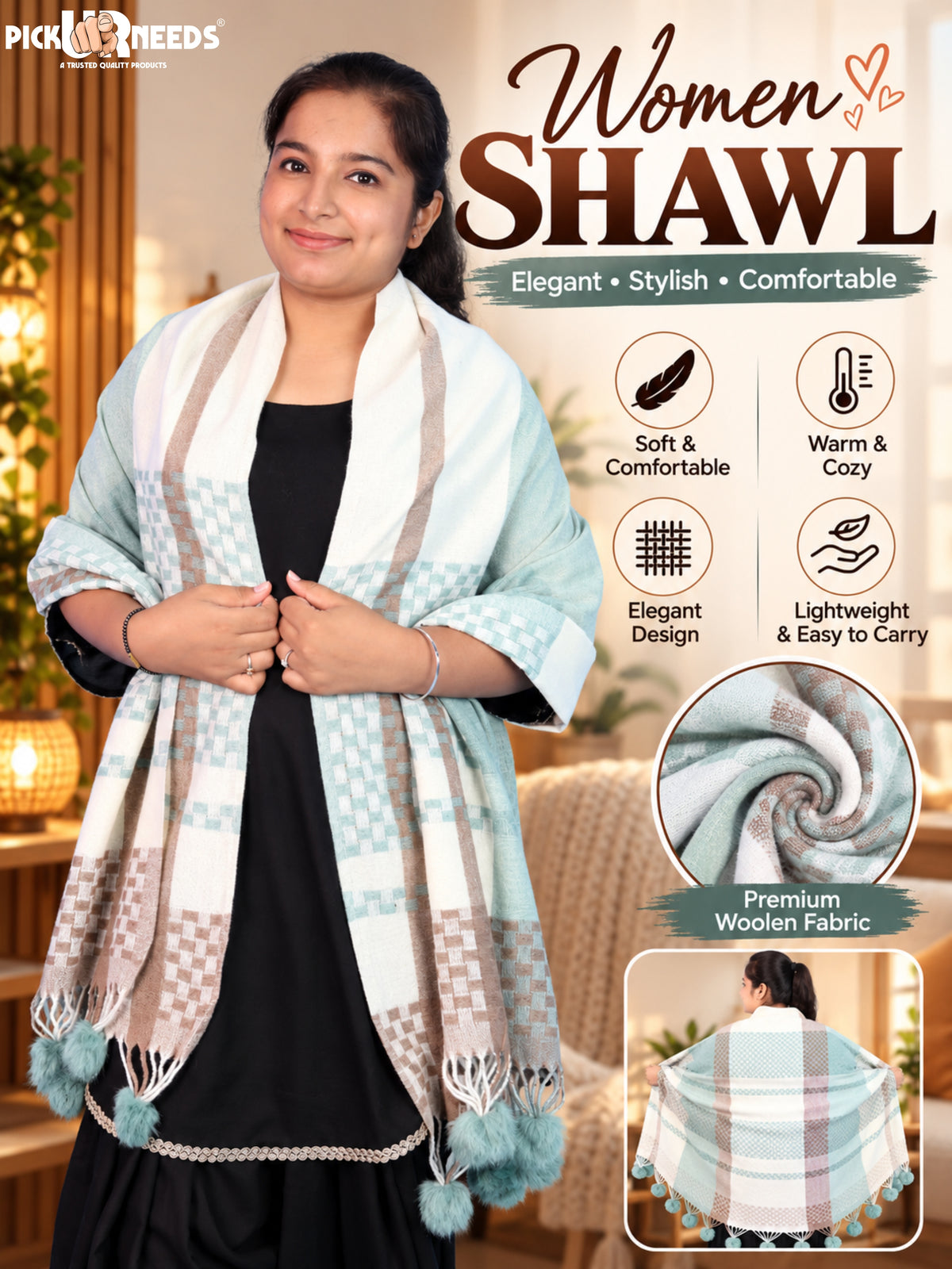 Pick Ur Needs Women Designer Winter Shawl with Geometric Checkered Pattern Shoulder Wrap with Tassels Stylish Stole for Girls Party, Casual & Ethnic Wear