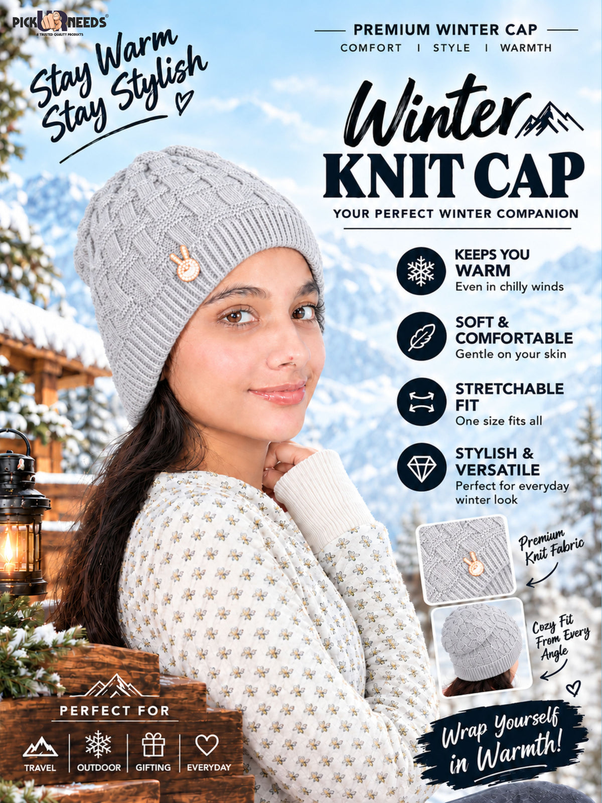 Pick Ur Needs Stylish Winter Cap for Women & Girls Warm Cozy Stretchable with Soft Knit Fabric