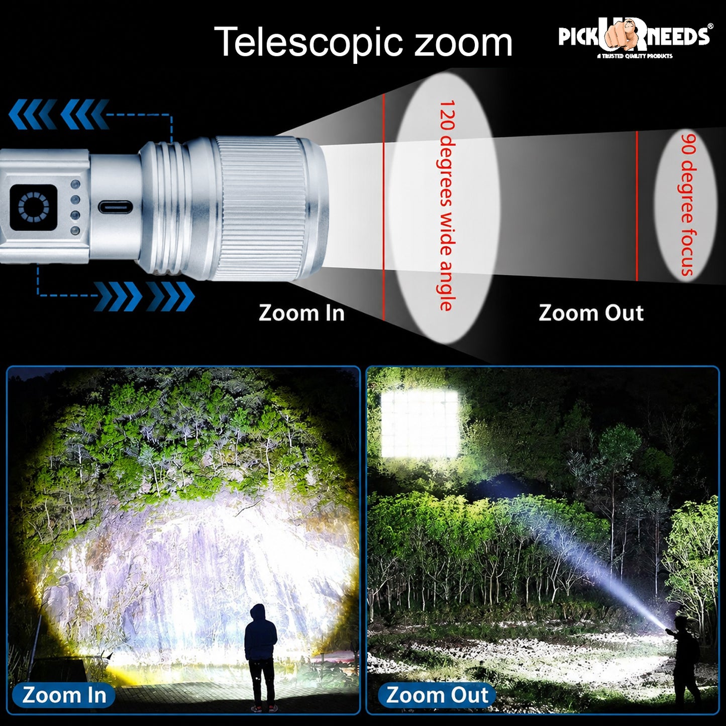 Rechargeable Emergency Pick Ur Needs Metal Torch Light with 4000mAh Battery Long Range Backup Searchlight with 4 Light Modes