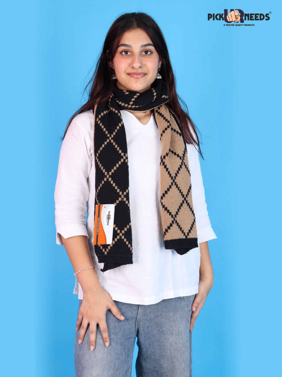 Pick Ur Needs Premium Winter Woolen Scarf for Women Designer Checkered Warm Muffler Soft, Stylish & Cozy Cold Weather Wrap