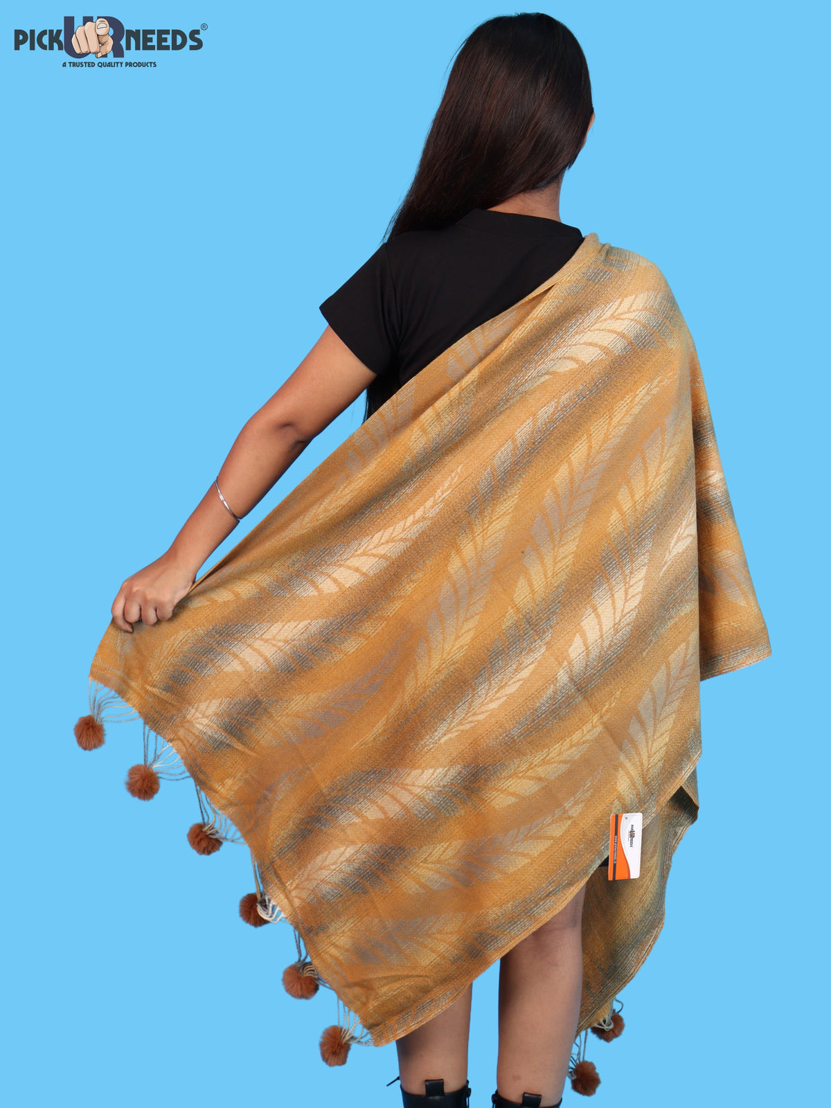 Pick Ur Needs Womens Designer Woolen Shawl & Stole with Elegant Leaf Pattern and Pom Pom Tassels, Winter Soft Warm Lightweight Winter Wrap
