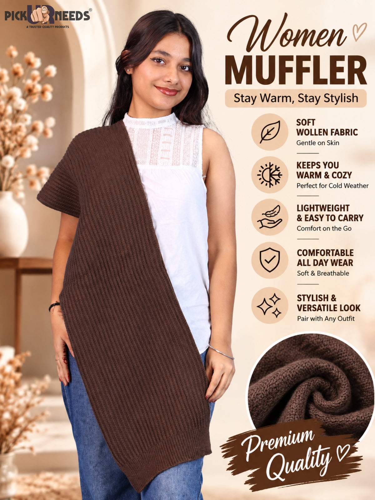 Pick Ur Needs Womens Stylish Knitted Muffler Scarf, Long Ribbed Knit Winter Neck Wrap, Soft Textured Cozy Scarf for Girls