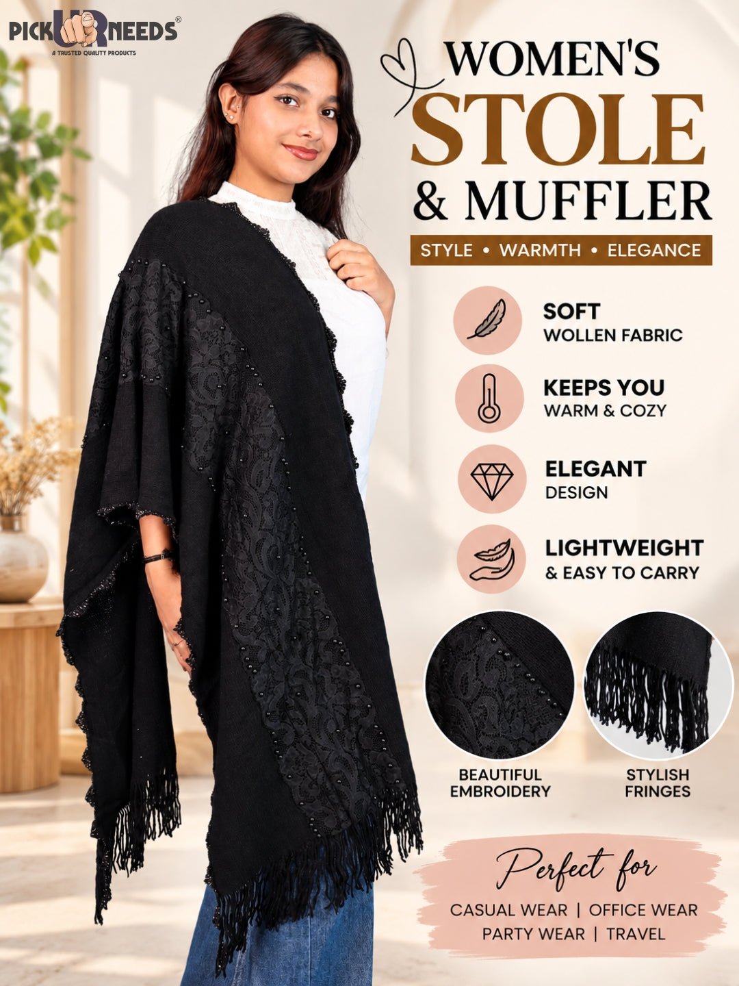 Pick Ur Needs Girls & Womens Shawl with Embroidered Lace Work, Bead Detailing and Fringe Tassels, Elegant Woollen Winter Stole