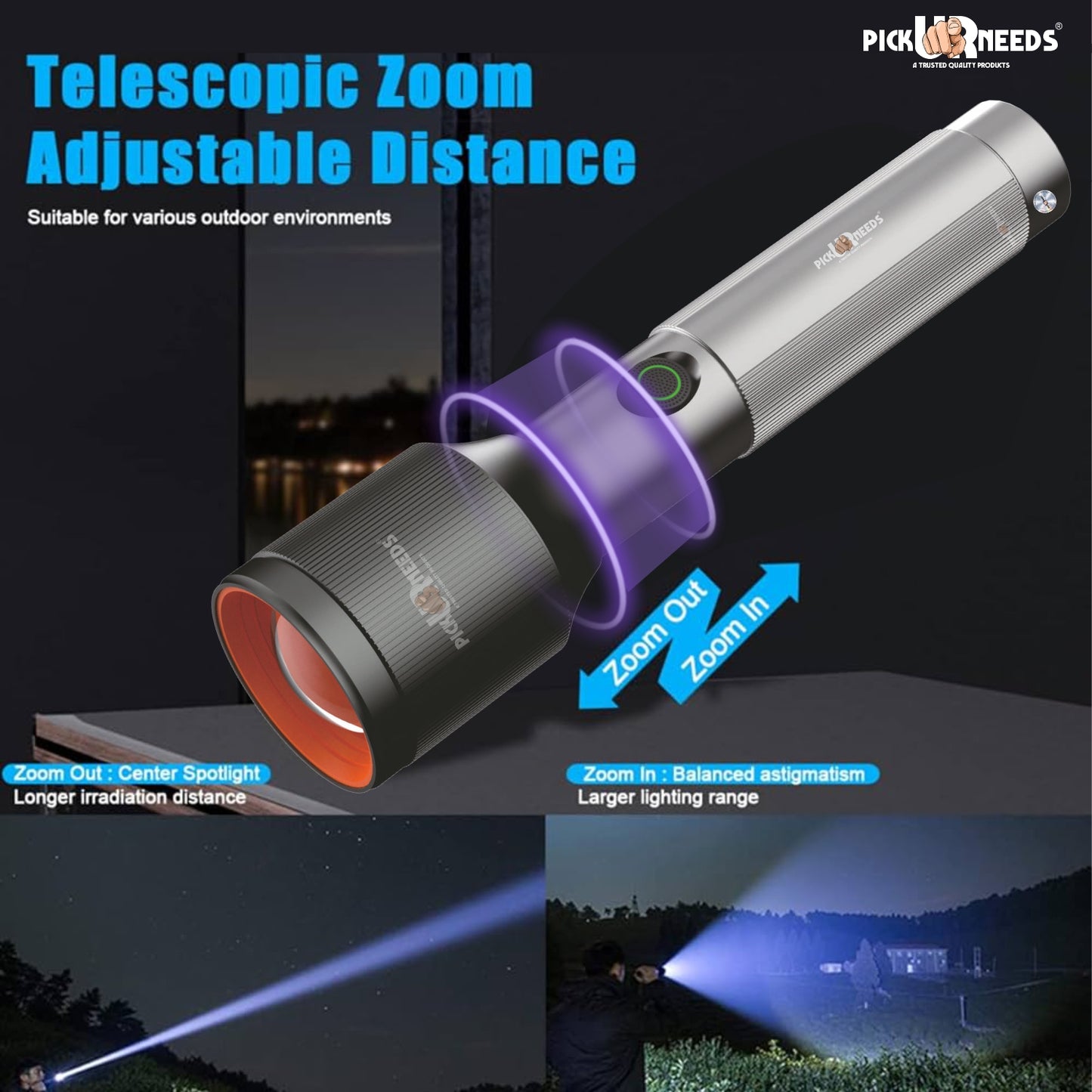 Pick Ur Needs Chargeable Aluminium Body Torch Adjustable Focus LED 100W Laser 2000mAh Battery 5 hrs Torch Emergency Light