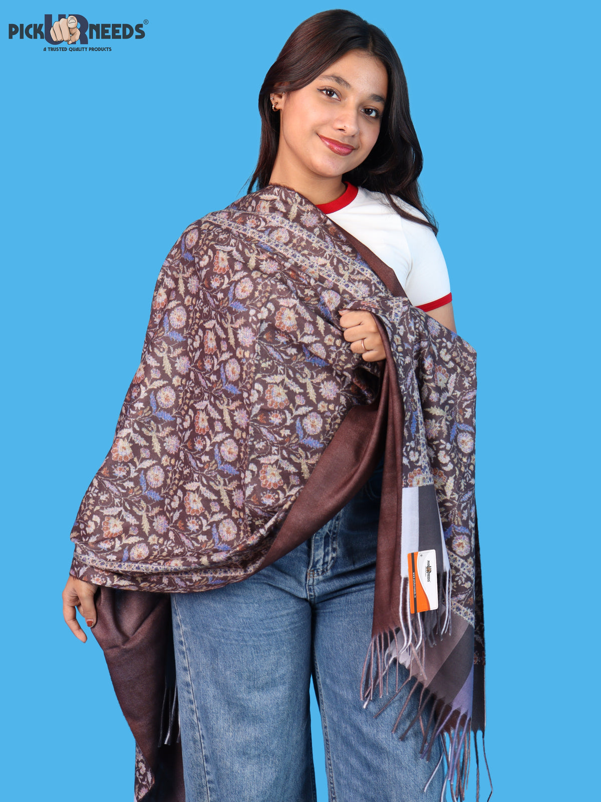 Pick Ur Needs Women & Girls Soft Woolen Shawl Elegant Floral Design Winter Neck Scarf with Decorative Border & Fringes