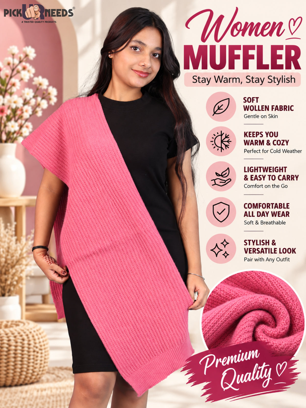 Pick Ur Needs Womens Stylish Knitted Muffler Scarf, Long Ribbed Knit Winter Neck Wrap, Soft Textured Cozy Scarf for Girls