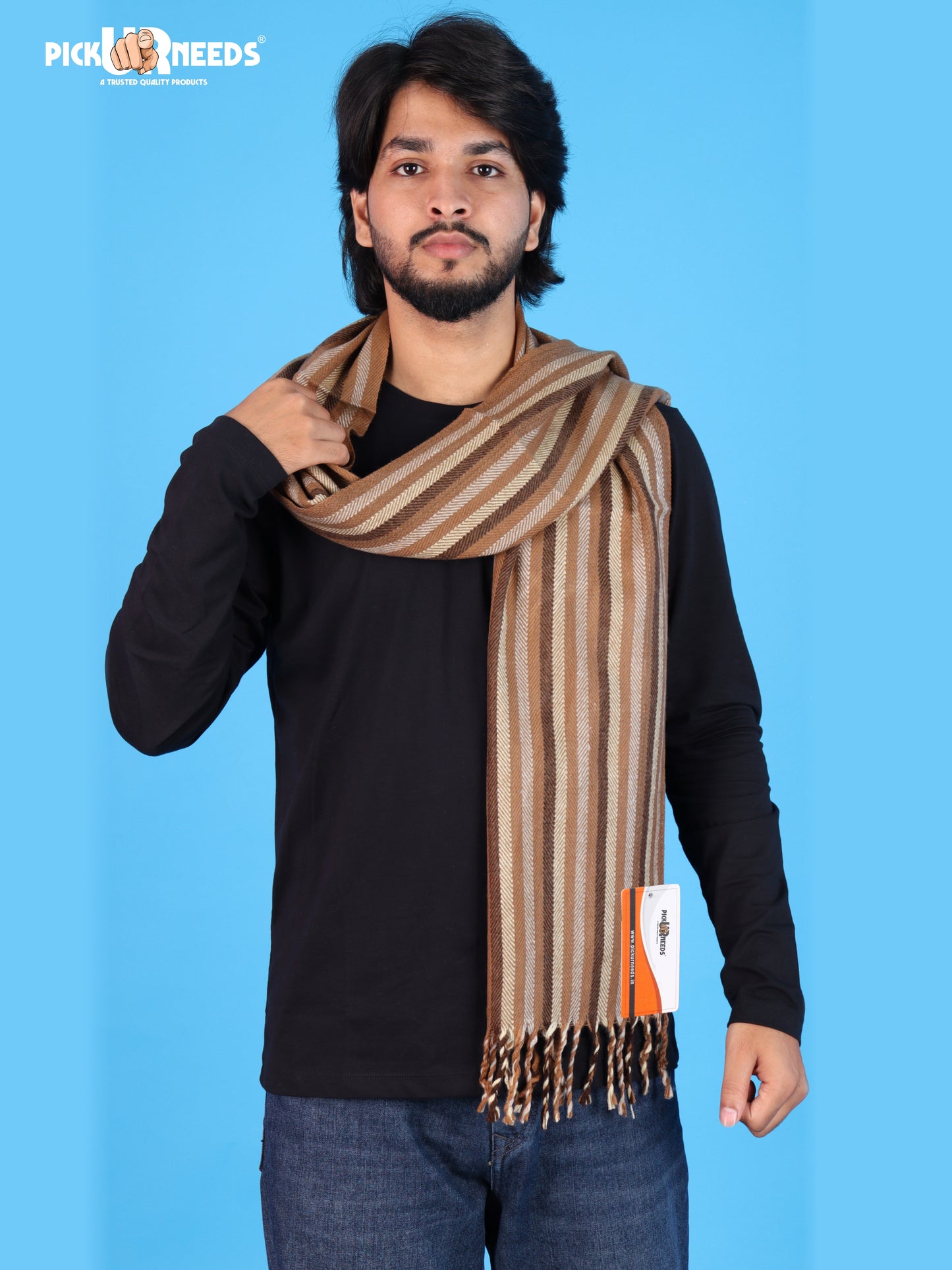 Pick Ur Needs Men's Muffler With Multi Color Strips Design Woolem Blend Fabric Stylish Tussles Ends Muffler For Men