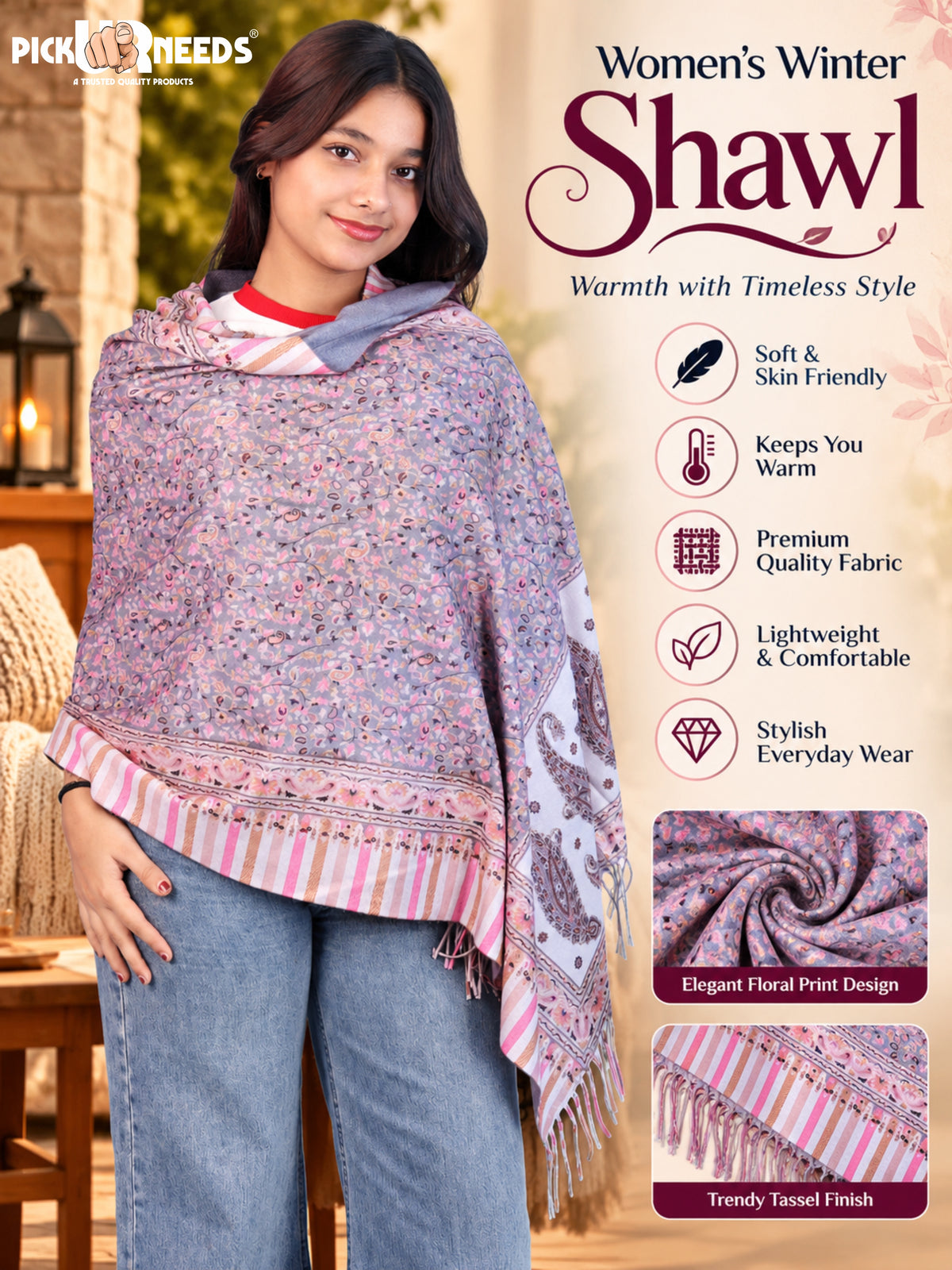 Pick Ur Needs Women Winter Shawl & Muffler Soft Warm Floral Paisley Printed Stole with Tassels Stylish Lightweight Neck Wrap Scarf for Women & Girls