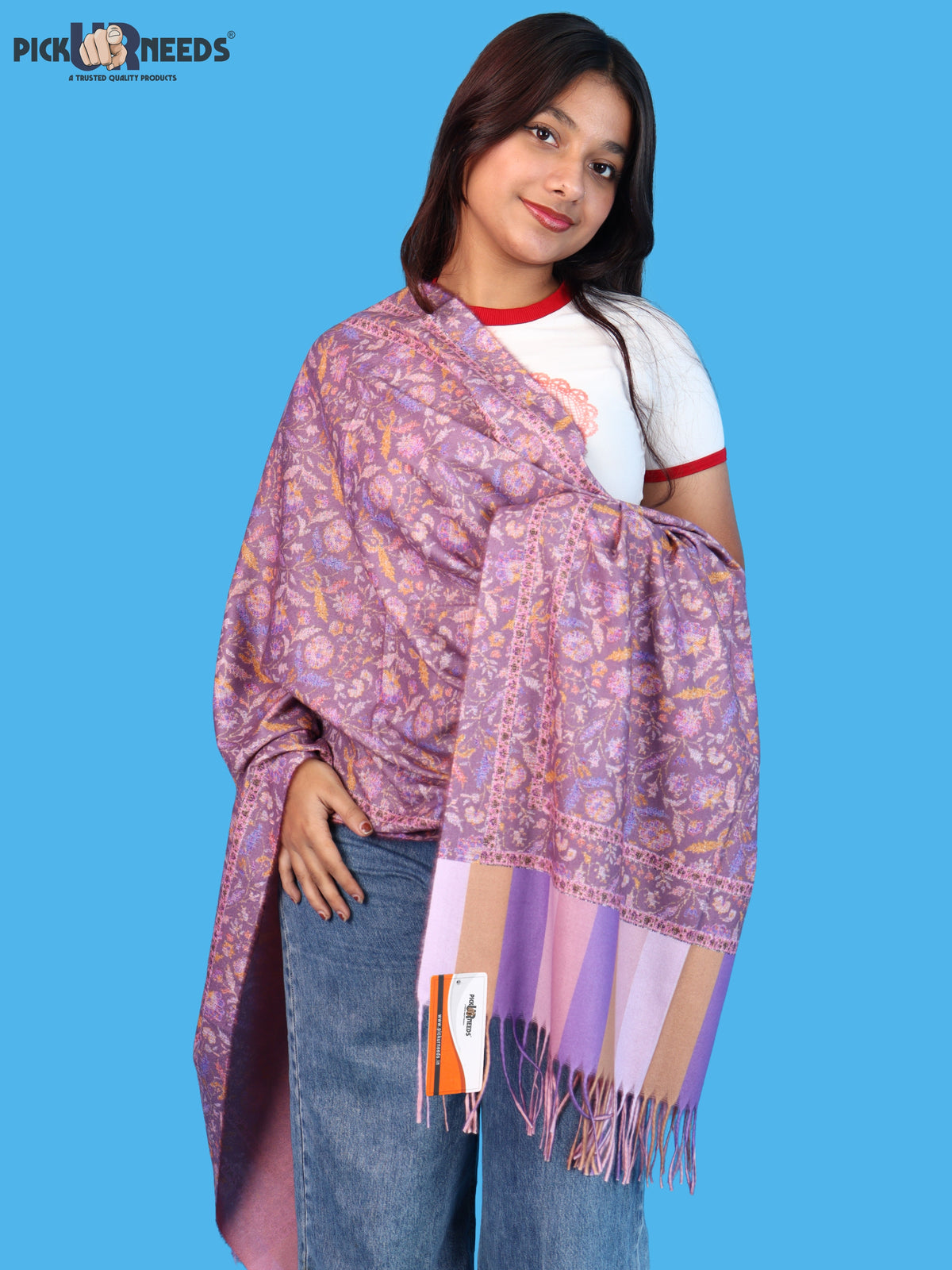 Pick Ur Needs Women & Girls Soft Woolen Shawl Elegant Floral Design Winter Neck Scarf with Decorative Border & Fringes