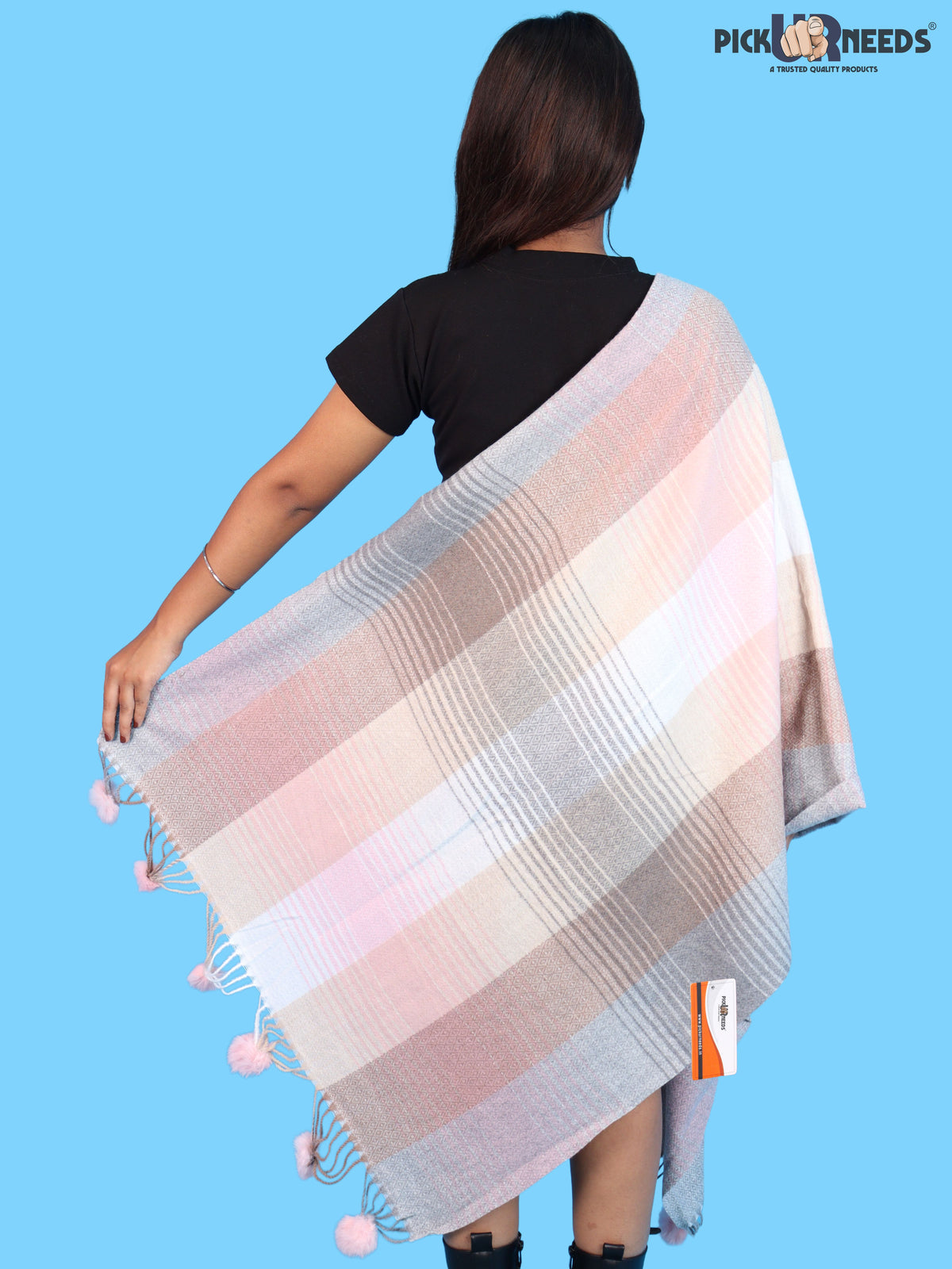 Pick Ur Needs Women & Girls Winter Shawl Soft Warm Striped Pattern Shawl with Tassel & Pom Pom Border Stylish Ladies Winter Wrap