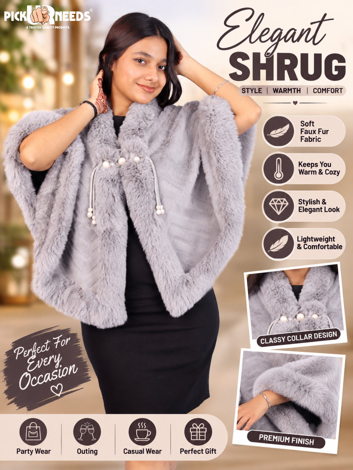 Pick Ur Needs Elegant Faux Fur Womens Shrug with Plush Collar,Soft Warm Winter Cape Poncho, Stylish Fluffy Shoulder Wrap for Ladies & Girls
